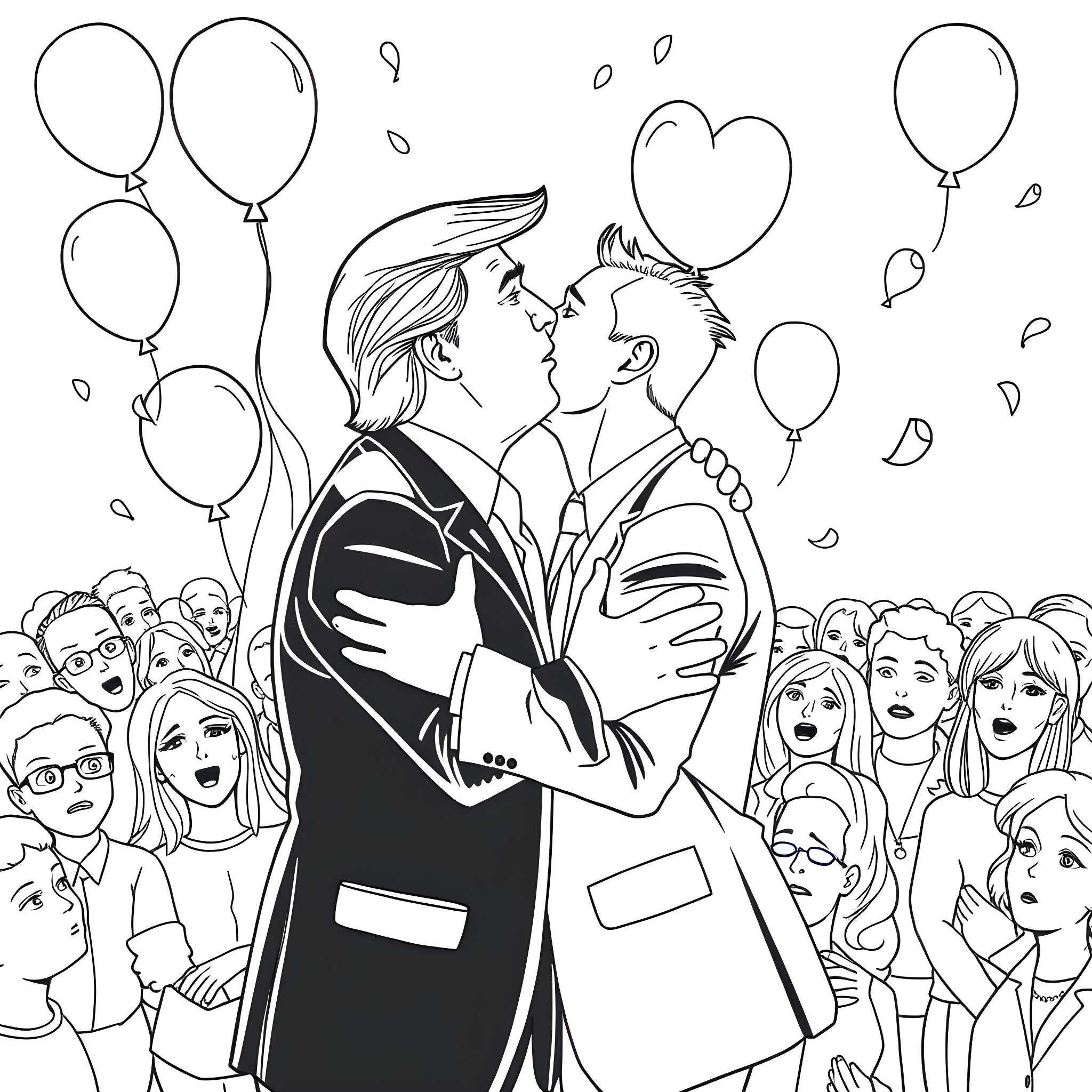 Donald Trump and a partner embrace amid a crowd of people and balloons Coloring Page (free black-and-white line drawing printable PDF for all, from beginners to advanced learners, including children, teens, adults, and seniors)