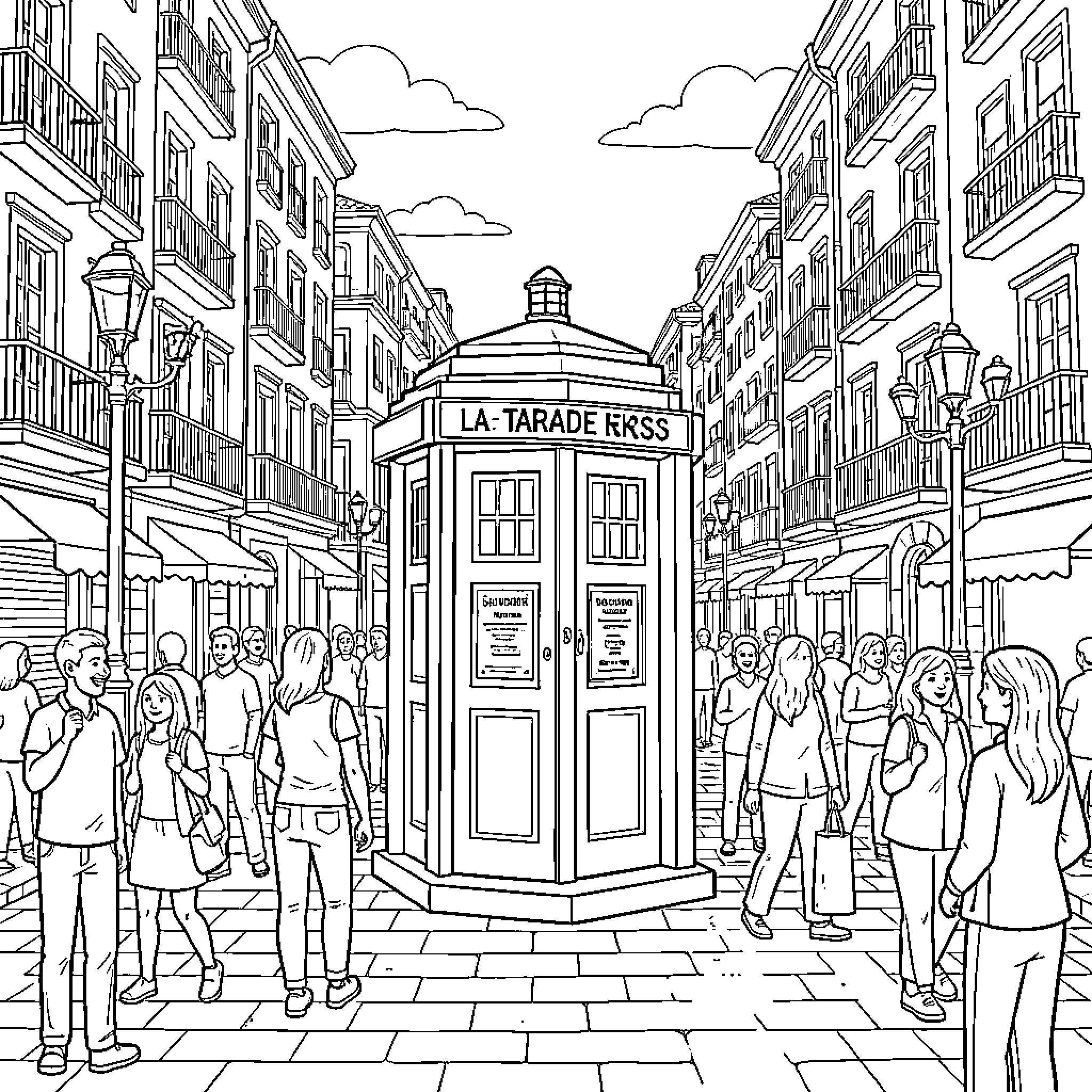 TARDIS in a Bustling Street Scene Coloring Page (free black-and-white line drawing printable PDF for all, from beginners to advanced learners, including children, teens, adults, and seniors)