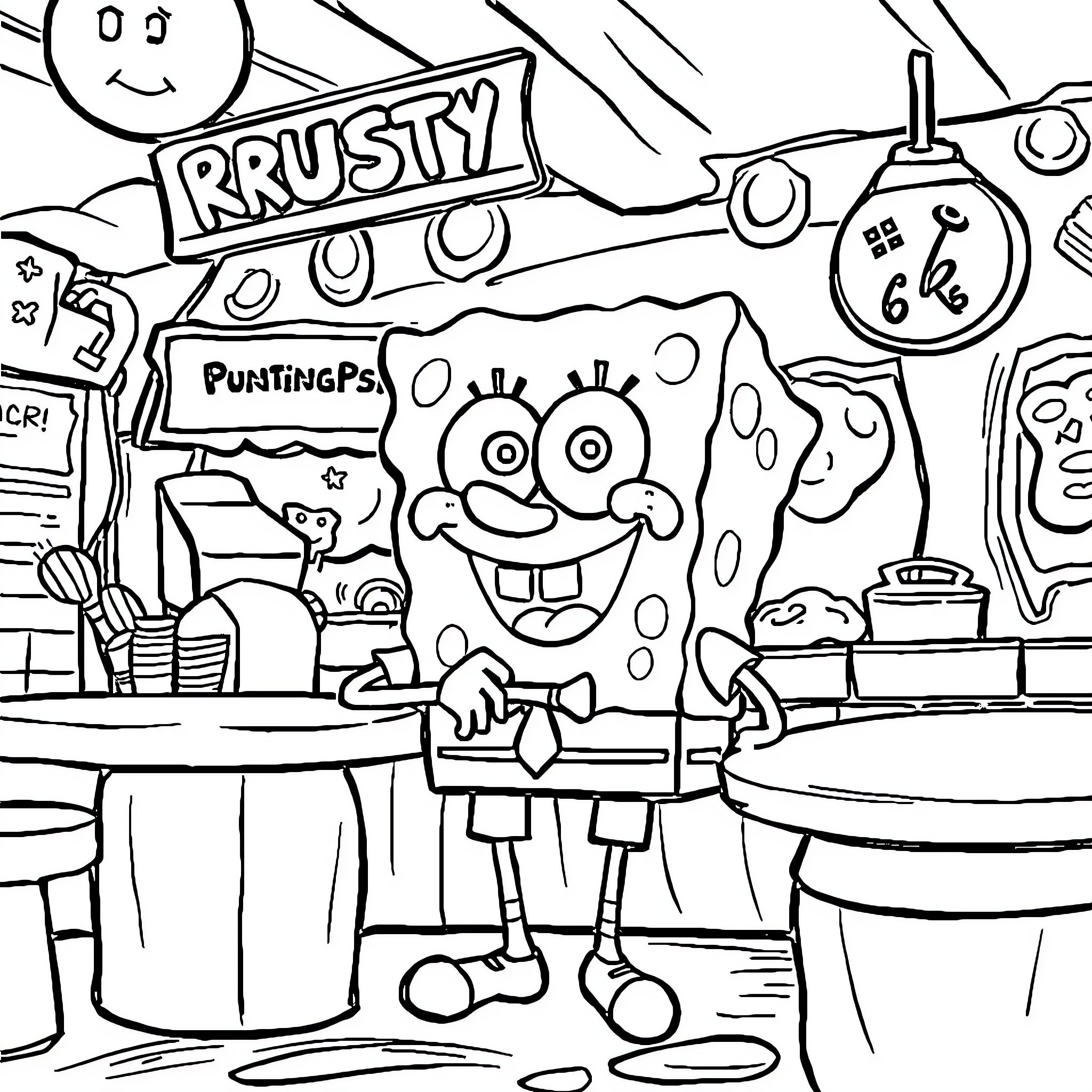 Spongebob in a whimsical and playful scene Coloring Page (free black-and-white line drawing printable PDF for all, from beginners to advanced learners, including children, teens, adults, and seniors)