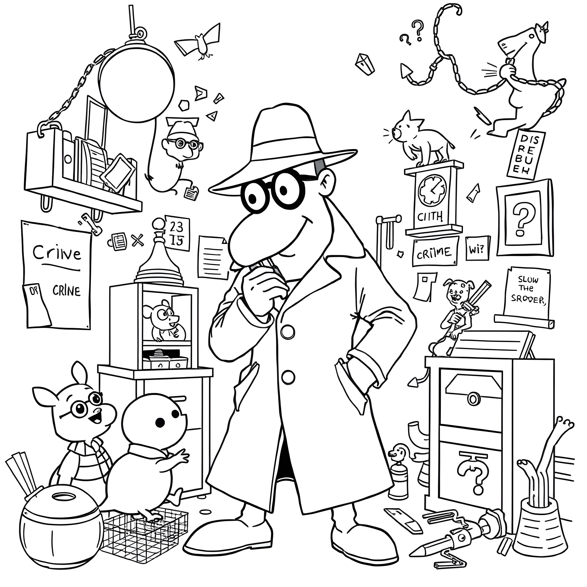 Gene the Detective Investigates a Crime Scene Coloring Page (free black-and-white line drawing printable PDF for all, from beginners to advanced learners, including children, teens, adults, and seniors)