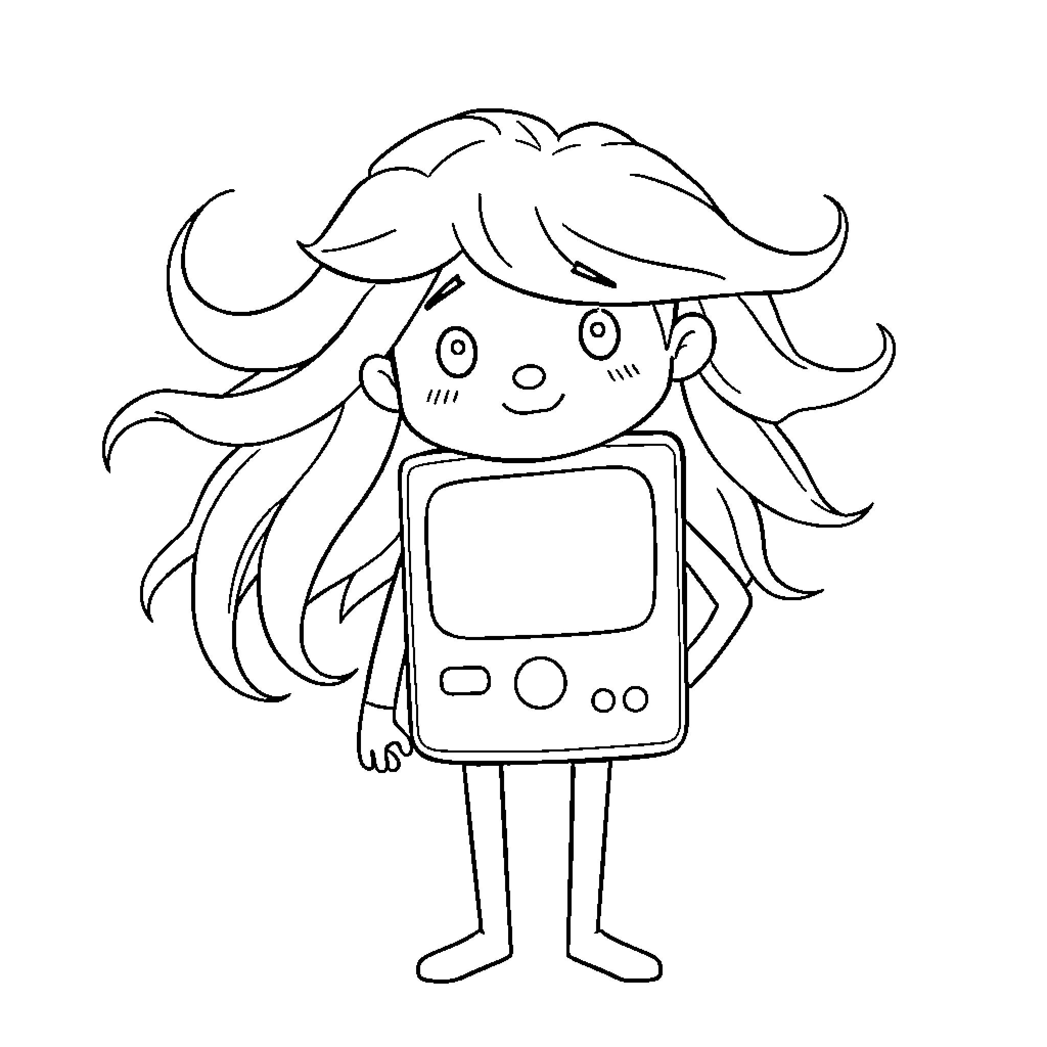 BMO Playing with Whimsical Expression Coloring Page (free black-and-white line drawing printable PDF for all, from beginners to advanced learners, including children, teens, adults, and seniors)