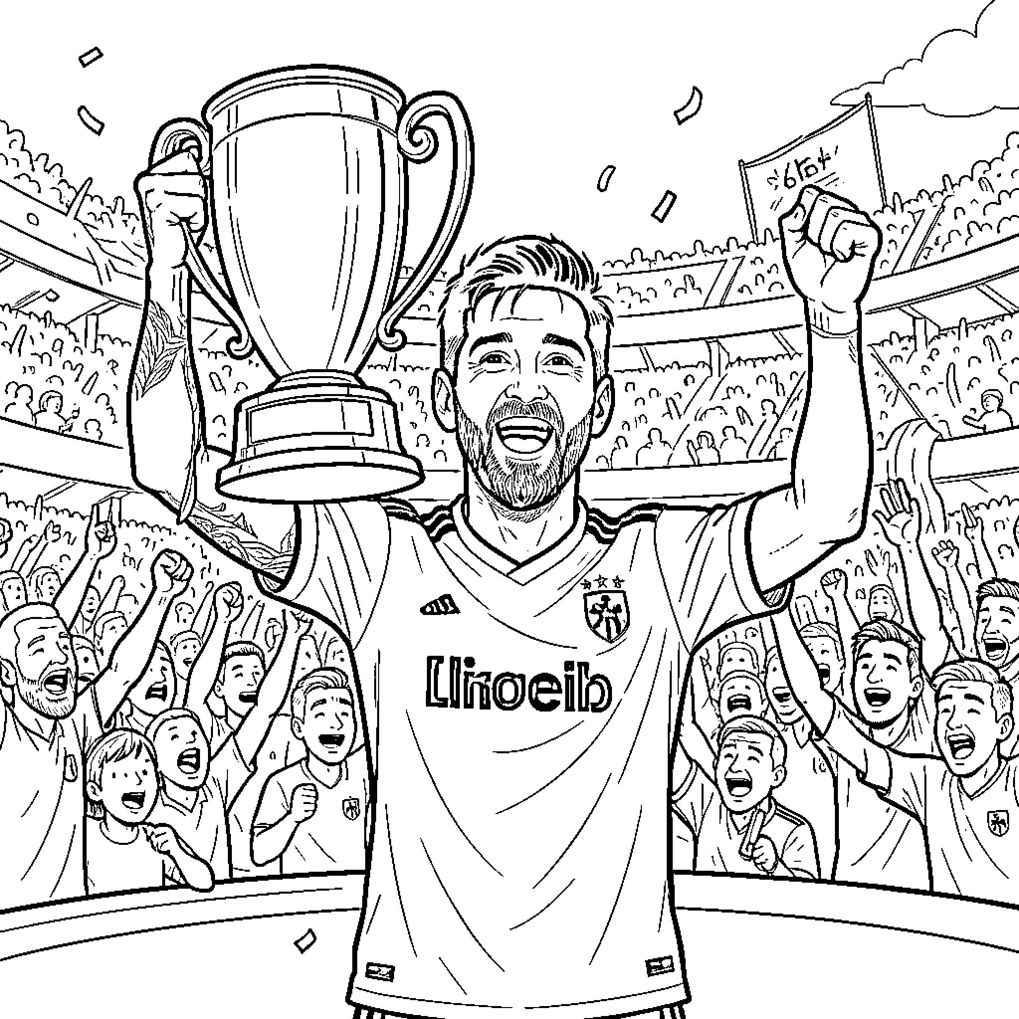 Lionel Messi celebrating a victory while holding a trophy Coloring Page (free black-and-white line drawing printable PDF for all, from beginners to advanced learners, including children, teens, adults, and seniors)