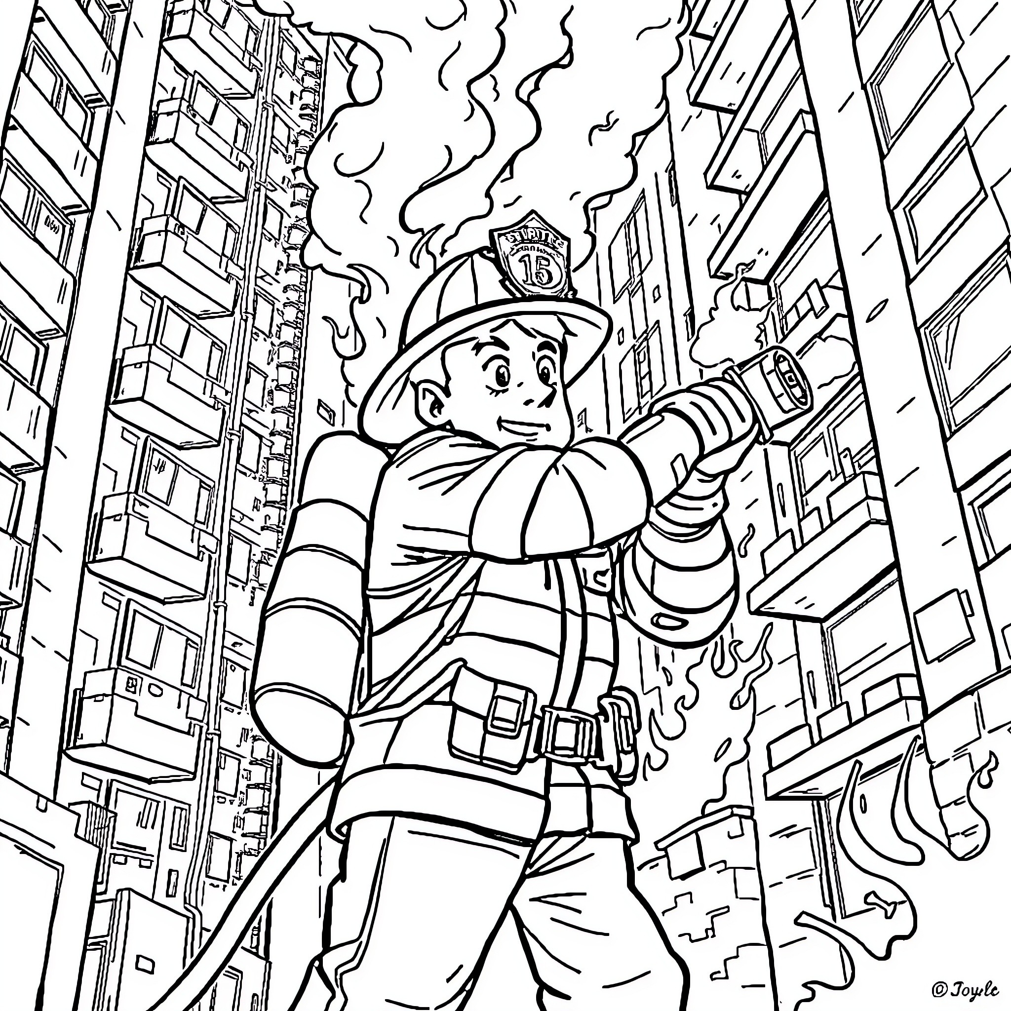 Firefighter tackles blazing emergency in city Coloring Page (free black-and-white line drawing printable PDF for all, from beginners to advanced learners, including children, teens, adults, and seniors)