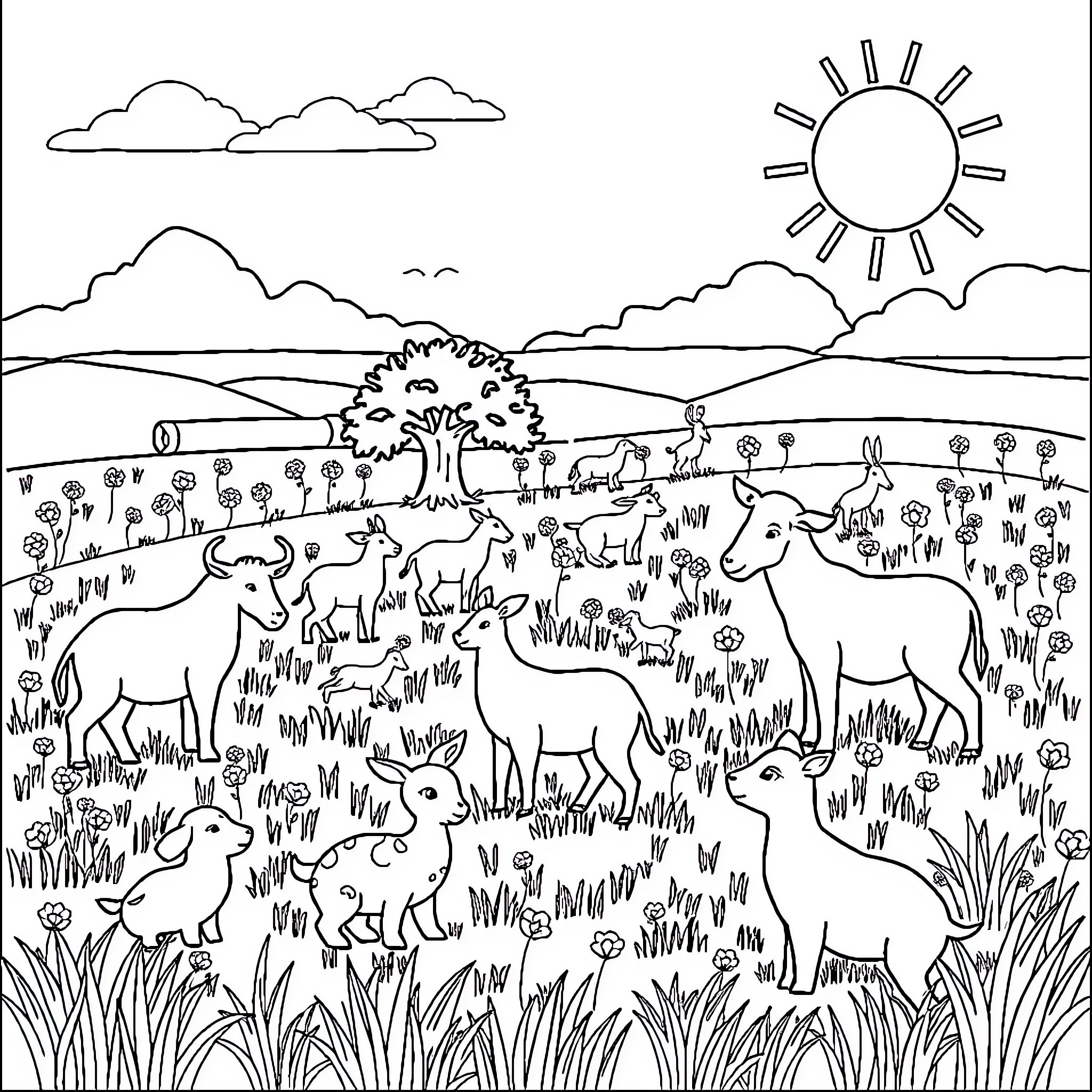 Animal farm scene with various creatures Coloring Page (free black-and-white line drawing printable PDF for all, from beginners to advanced learners, including children, teens, adults, and seniors)