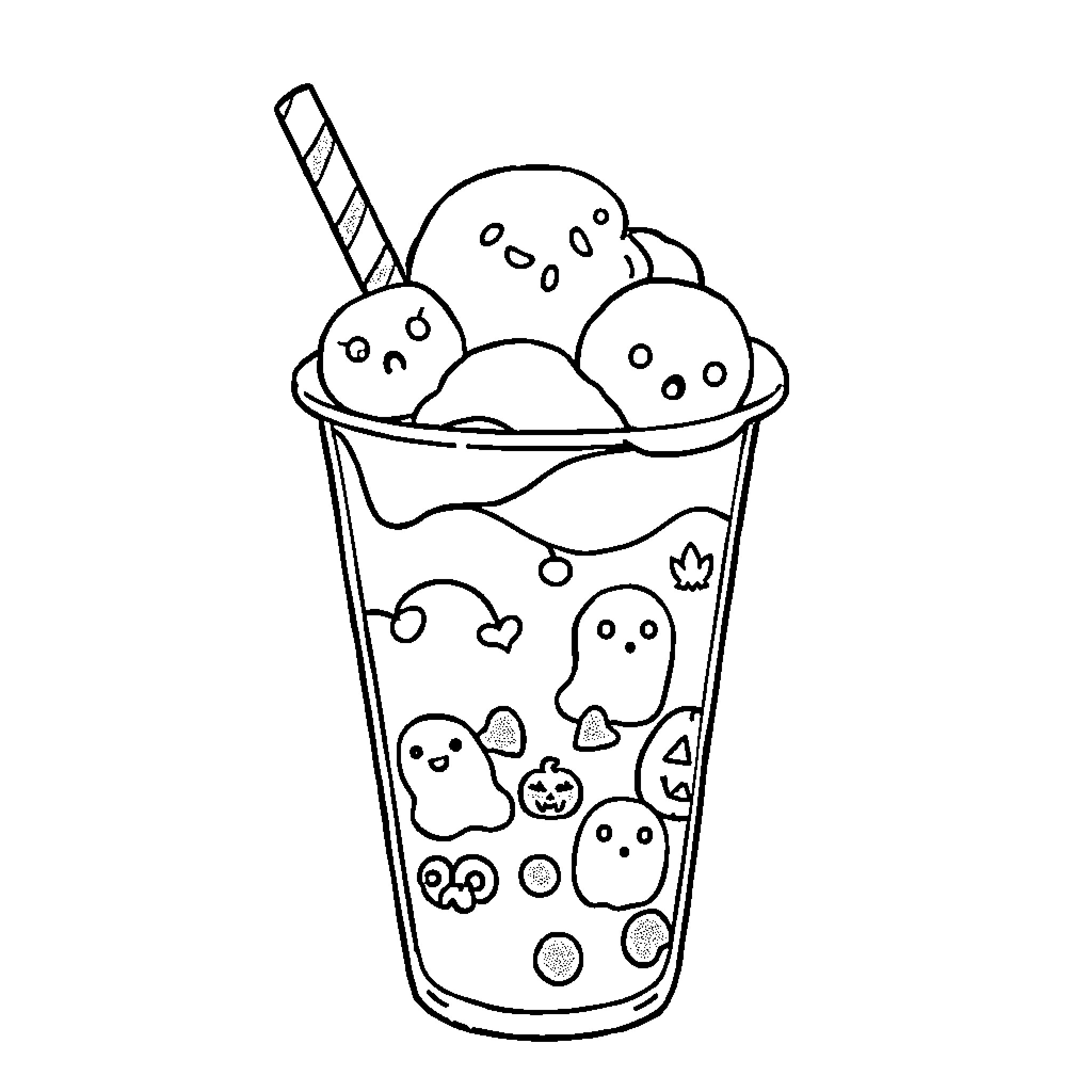 Bubble Tea with Playful Kawaii Characters Coloring Page (free black-and-white line drawing printable PDF for all, from beginners to advanced learners, including children, teens, adults, and seniors)