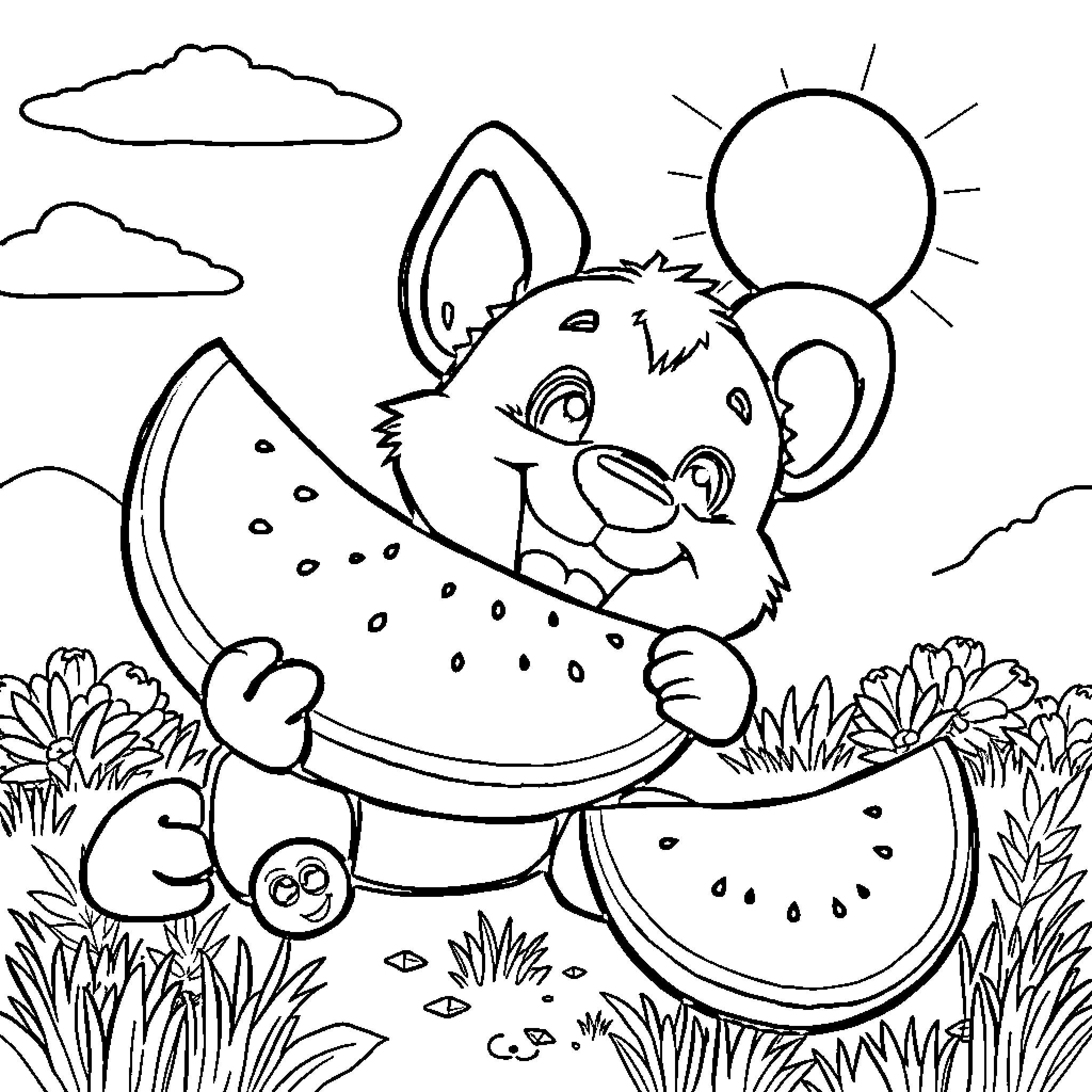 Bluey enjoying a watermelon snack in the park Coloring Page (free black-and-white line drawing printable PDF for all, from beginners to advanced learners, including children, teens, adults, and seniors)