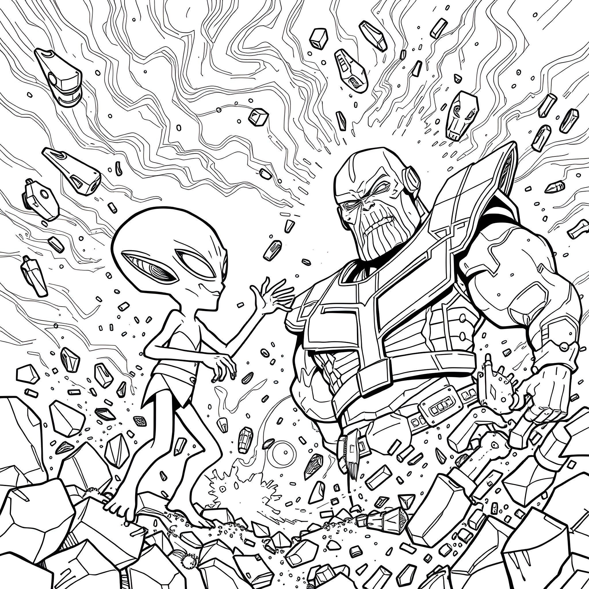 Roger's Cosmic Encounter with Alien Giant Coloring Page (free black-and-white line drawing printable PDF for all, from beginners to advanced learners, including children, teens, adults, and seniors)