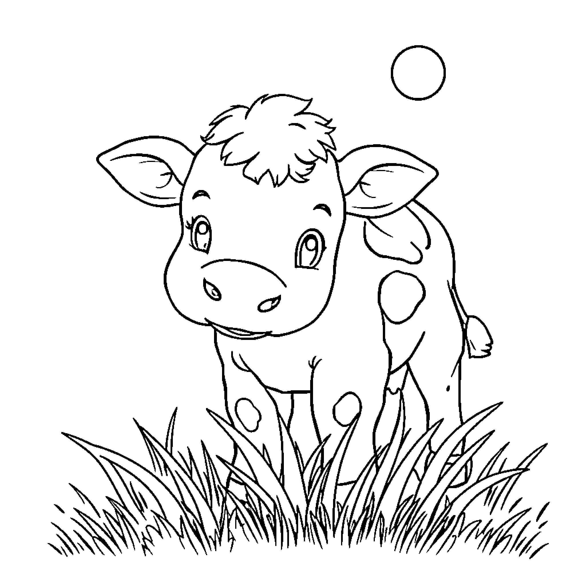 Cow playing in the grassy field Coloring Page (free black-and-white line drawing printable PDF for all, from beginners to advanced learners, including children, teens, adults, and seniors)