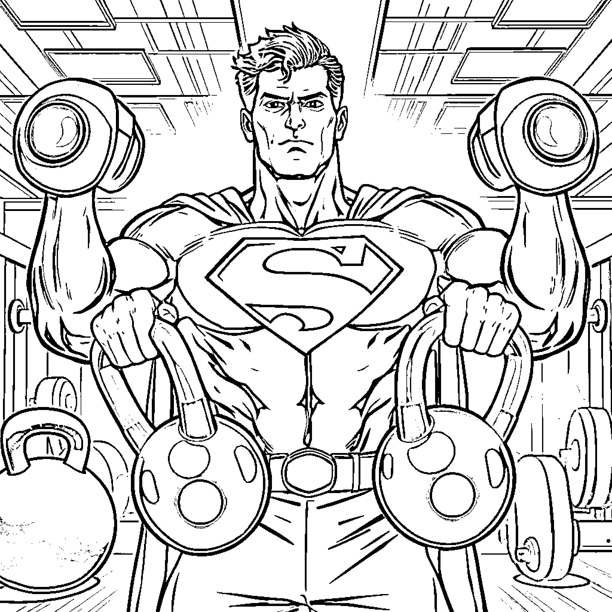 Superman exercising with weights in the gym Coloring Page (free black-and-white line drawing printable PDF for all, from beginners to advanced learners, including children, teens, adults, and seniors)
