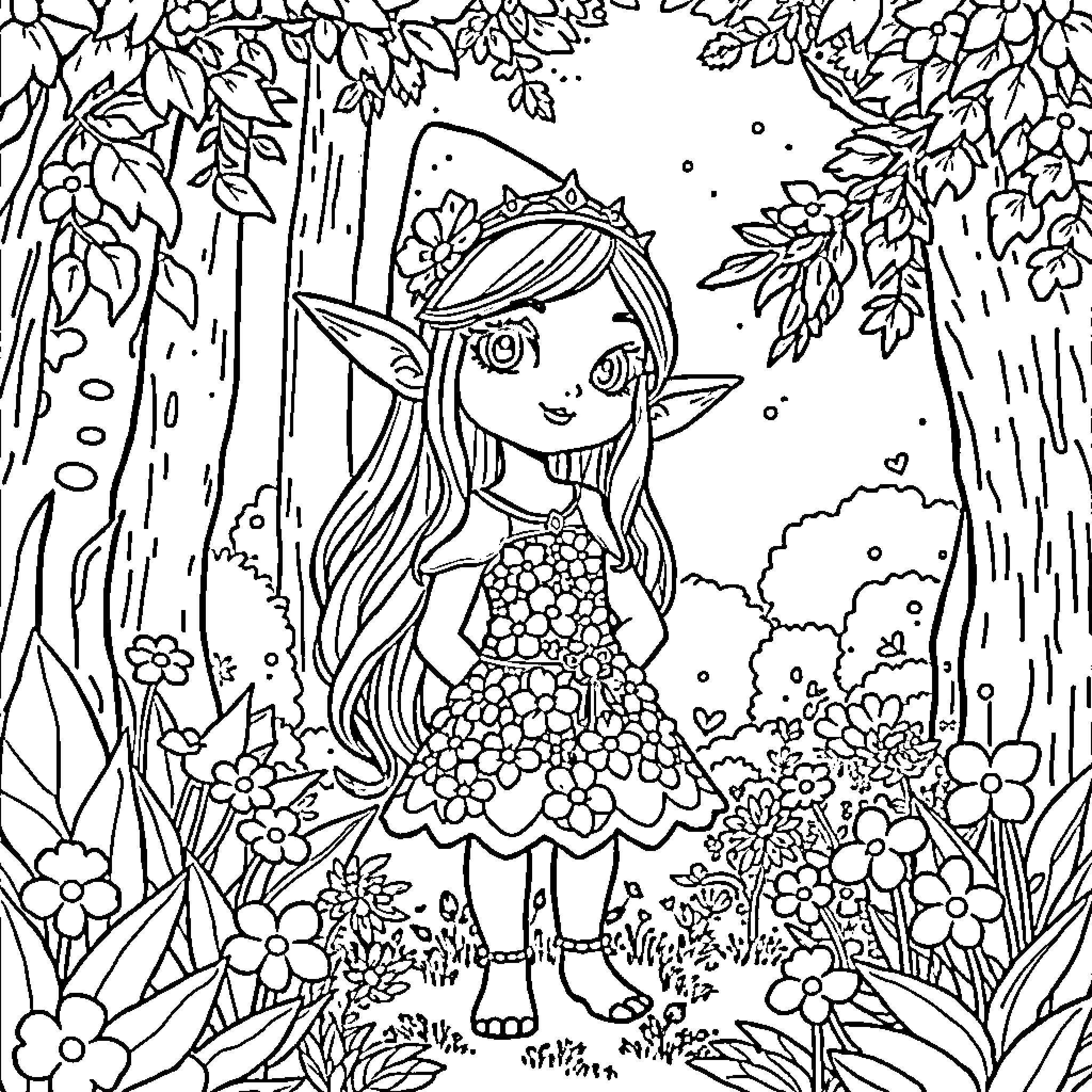 Elfa's Enchanting Forest Adventure Coloring Page (free black-and-white line drawing printable PDF for all, from beginners to advanced learners, including children, teens, adults, and seniors)