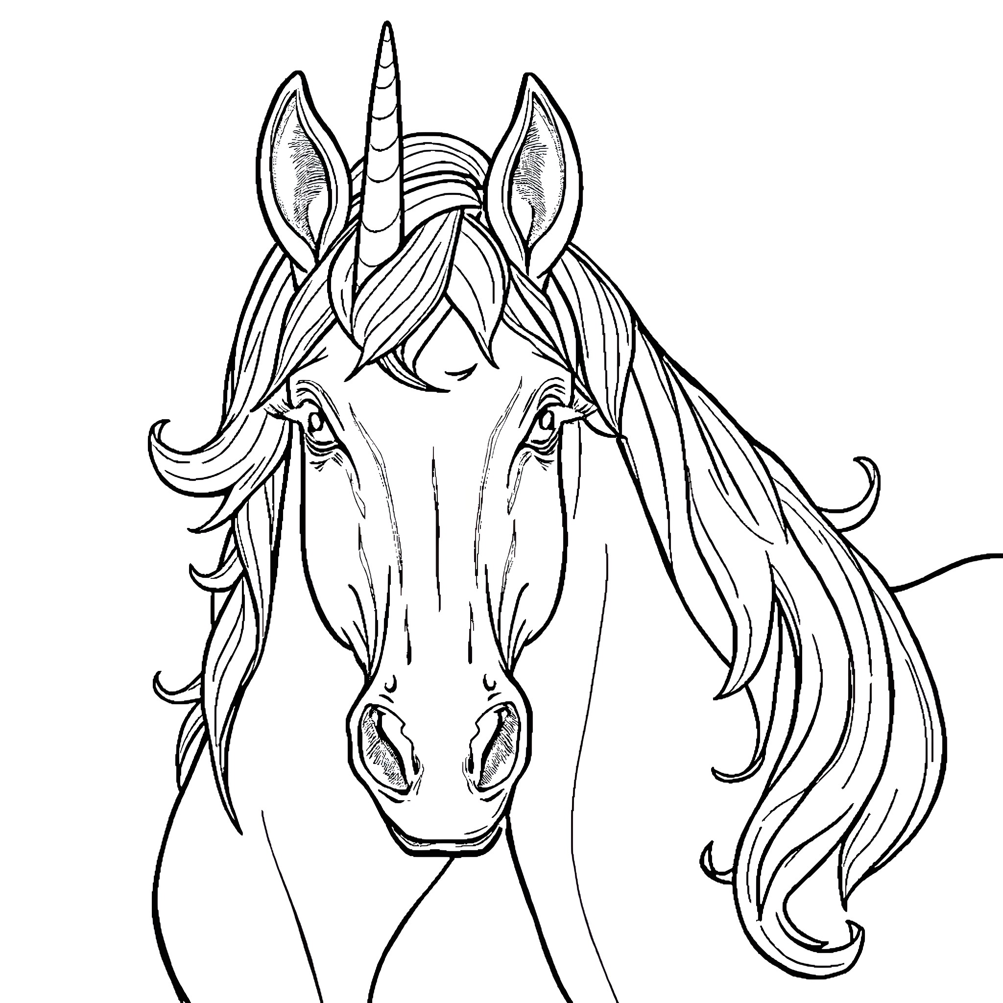 Unicorn with elaborate mane and horn Coloring Page (free black-and-white line drawing printable PDF for all, from beginners to advanced learners, including children, teens, adults, and seniors)