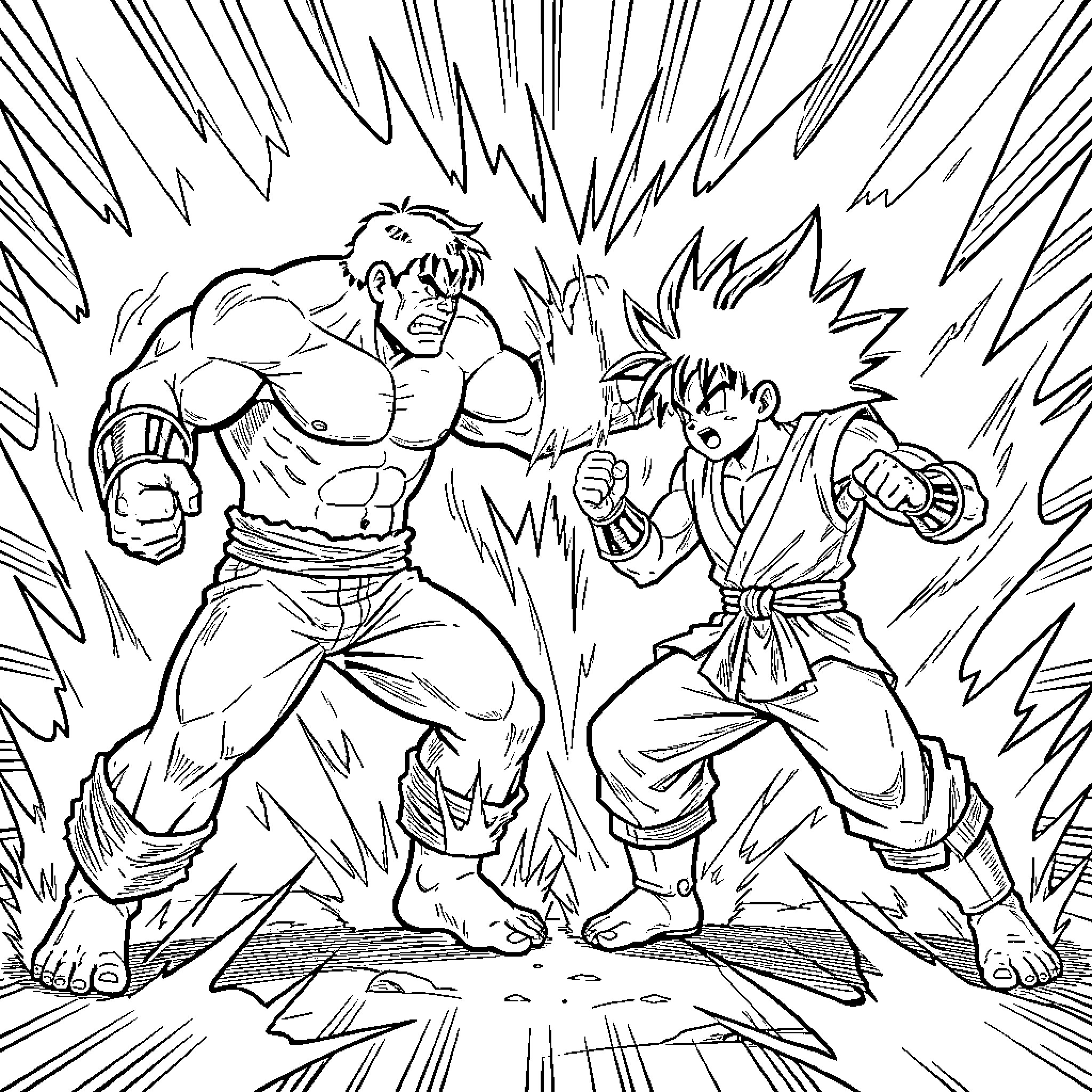 Hulk fighting enemies with intense expressions Coloring Page (free black-and-white line drawing printable PDF for all, from beginners to advanced learners, including children, teens, adults, and seniors)