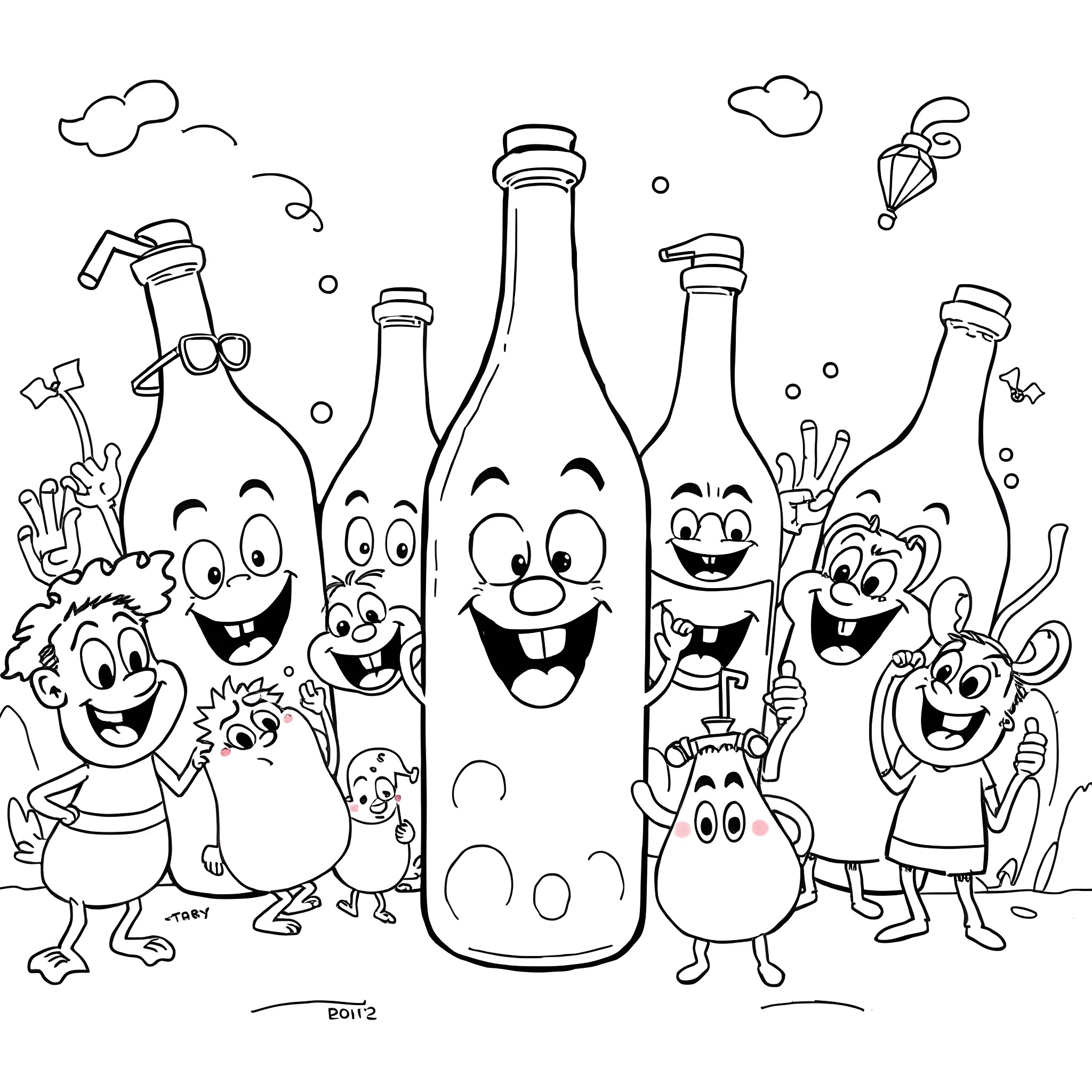 Bottle characters expressing happiness in a whimsical scene Coloring Page (free black-and-white line drawing printable PDF for all, from beginners to advanced learners, including children, teens, adults, and seniors)