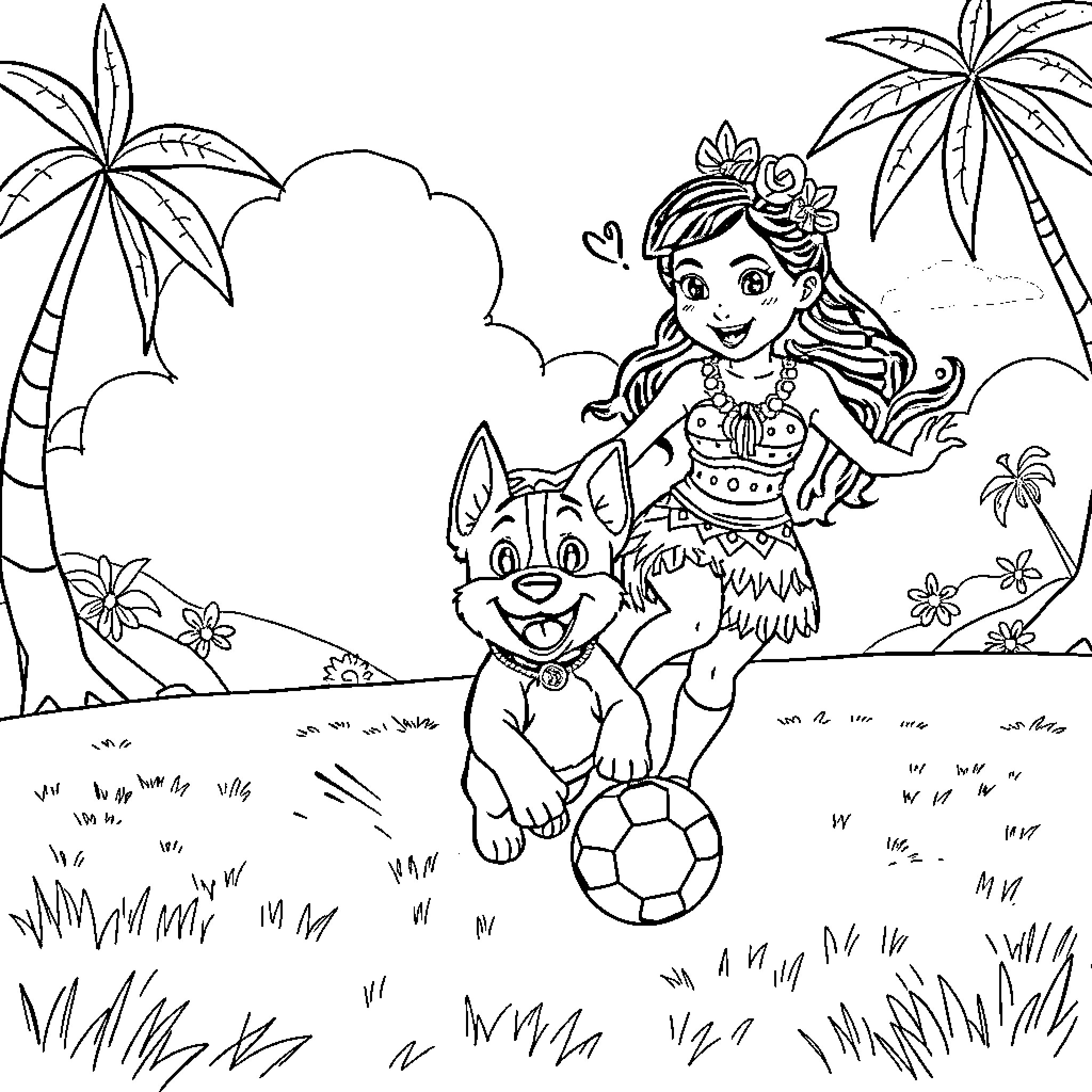 Bluey playing with her puppy friend in the tropical paradise Coloring Page (free black-and-white line drawing printable PDF for all, from beginners to advanced learners, including children, teens, adults, and seniors)