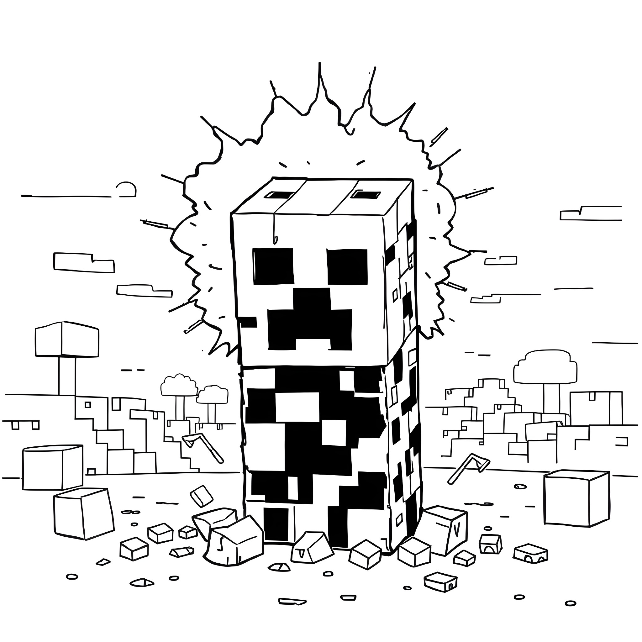 Creeper emerging from the blocky landscape Coloring Page (free black-and-white line drawing printable PDF for all, from beginners to advanced learners, including children, teens, adults, and seniors)