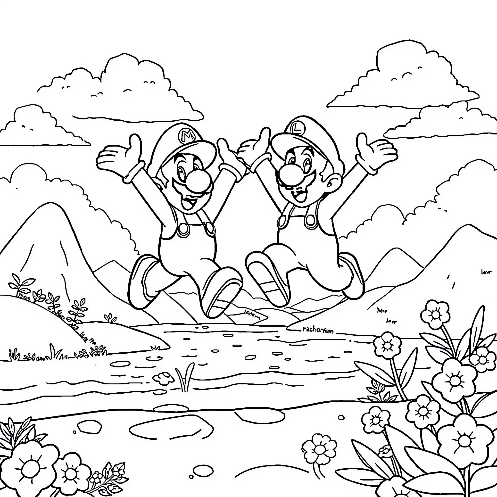 Mario Brothers' Playful Adventure in the Outdoors Coloring Page (free black-and-white line drawing printable PDF for all, from beginners to advanced learners, including children, teens, adults, and seniors)