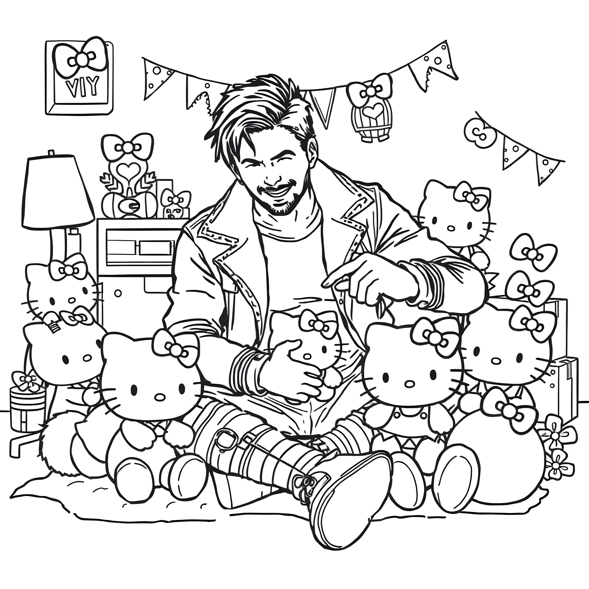 Bucky Barnes surrounded by Hello Kitty plushies in a playful setting Coloring Page (free black-and-white line drawing printable PDF for all, from beginners to advanced learners, including children, teens, adults, and seniors)