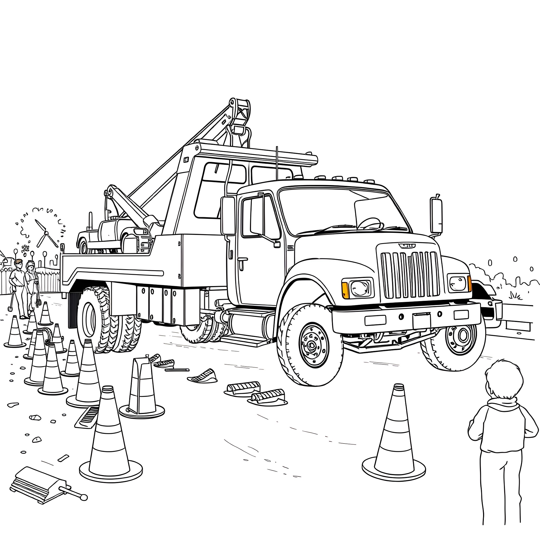 Tow Truck Assisting at a Construction Site Coloring Page (free black-and-white line drawing printable PDF for all, from beginners to advanced learners, including children, teens, adults, and seniors)