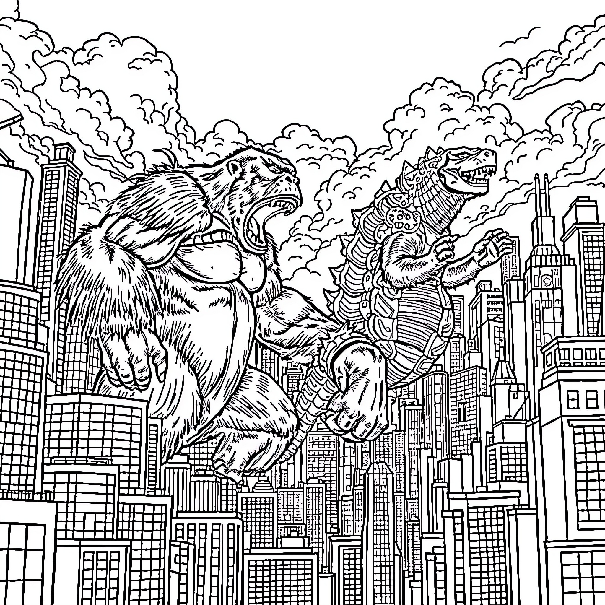 King Kong battling a monstrous foe over a city skyline Coloring Page (free black-and-white line drawing printable PDF for all, from beginners to advanced learners, including children, teens, adults, and seniors)
