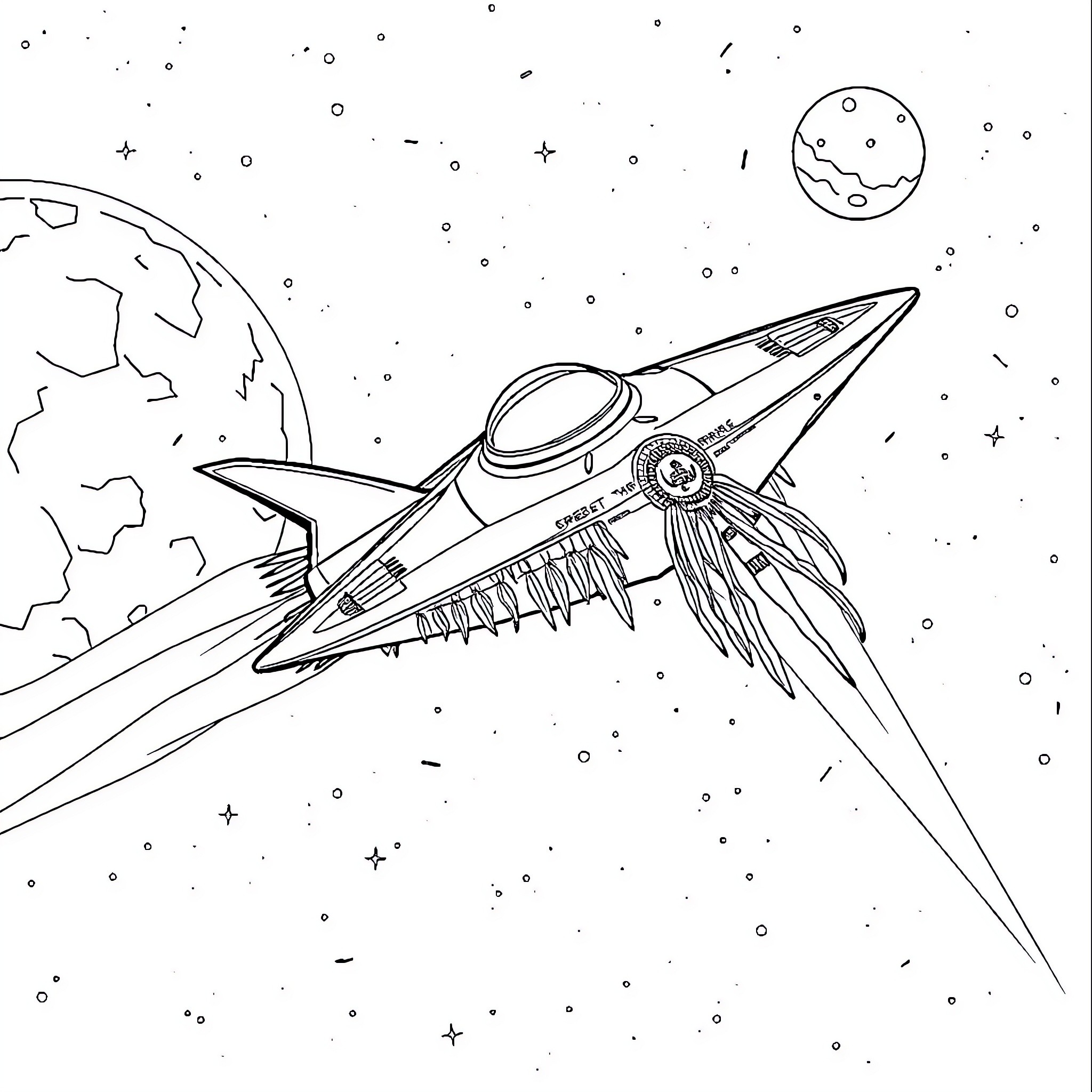 Cherokee Spacecraft Soaring Through Starry Skies Coloring Page (free black-and-white line drawing printable PDF for all, from beginners to advanced learners, including children, teens, adults, and seniors)