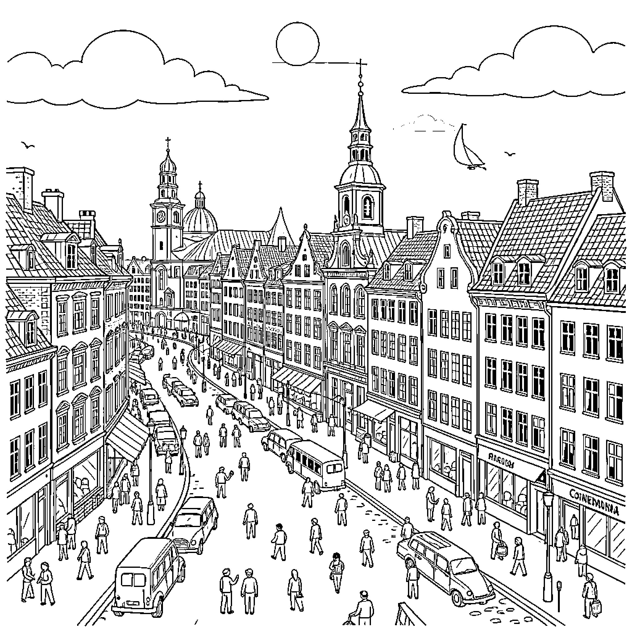 Copenhagen street scene with people walking by buildings Coloring Page (free black-and-white line drawing printable PDF for all, from beginners to advanced learners, including children, teens, adults, and seniors)