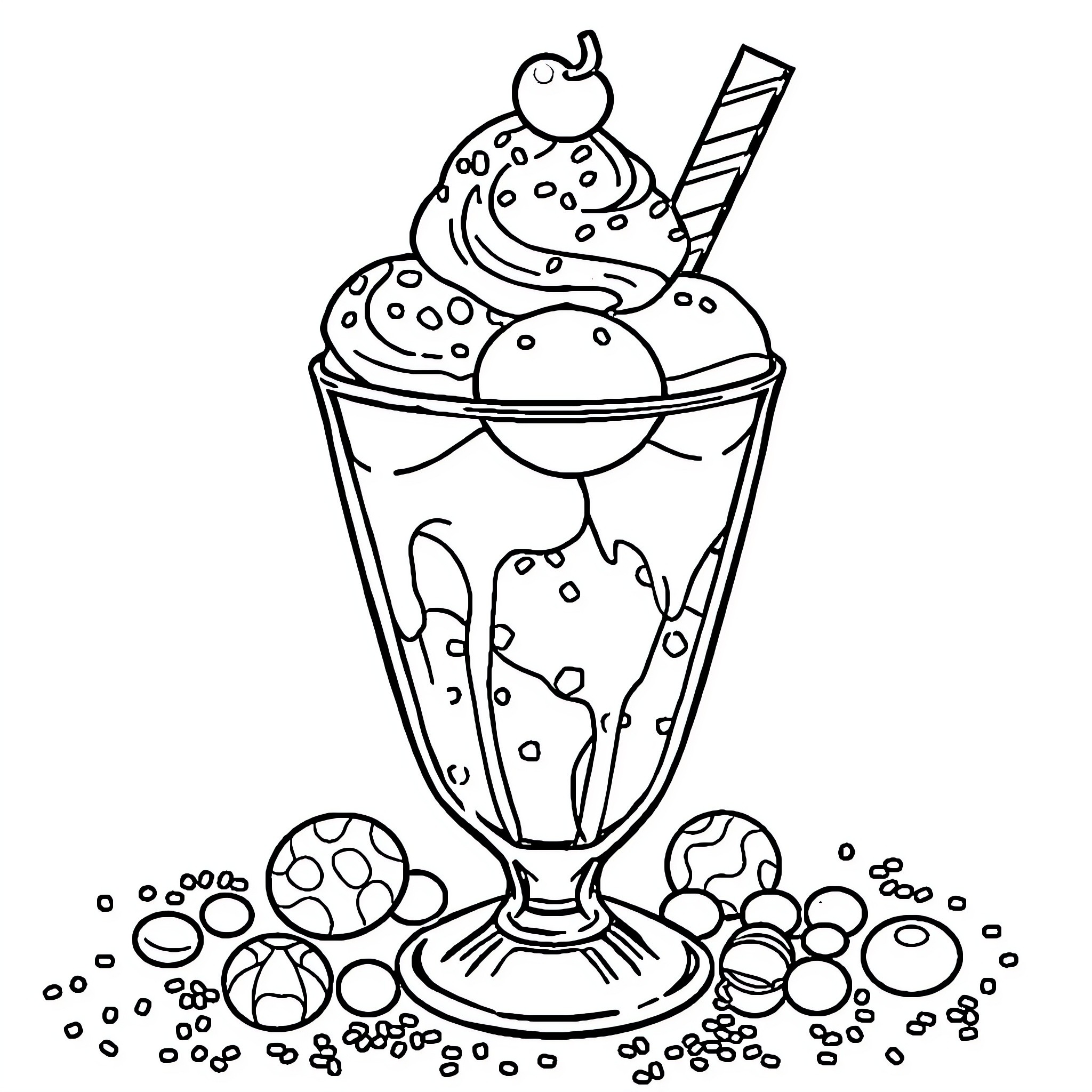 Ice Cream Sundae Dessert with Decorative Toppings Coloring Page (free black-and-white line drawing printable PDF for all, from beginners to advanced learners, including children, teens, adults, and seniors)