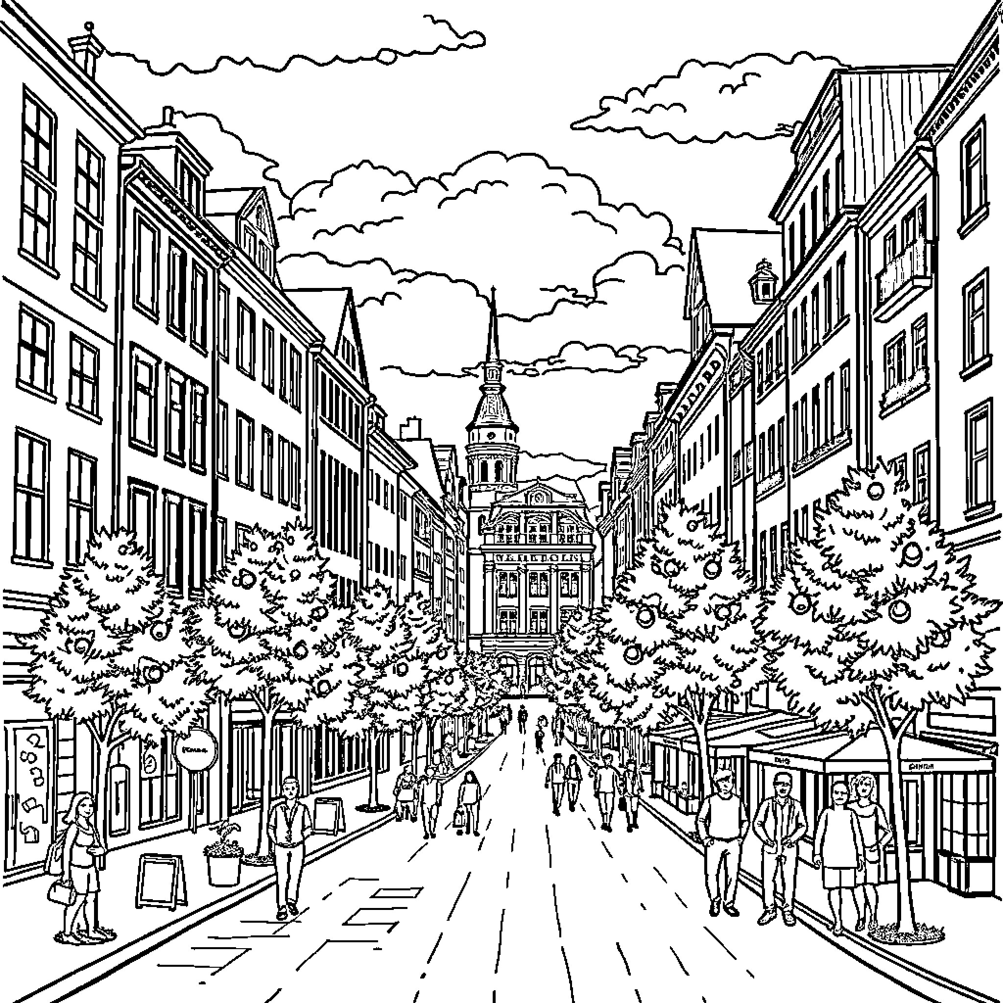 Zürich's lively street scene with bustling pedestrians Coloring Page (free black-and-white line drawing printable PDF for all, from beginners to advanced learners, including children, teens, adults, and seniors)
