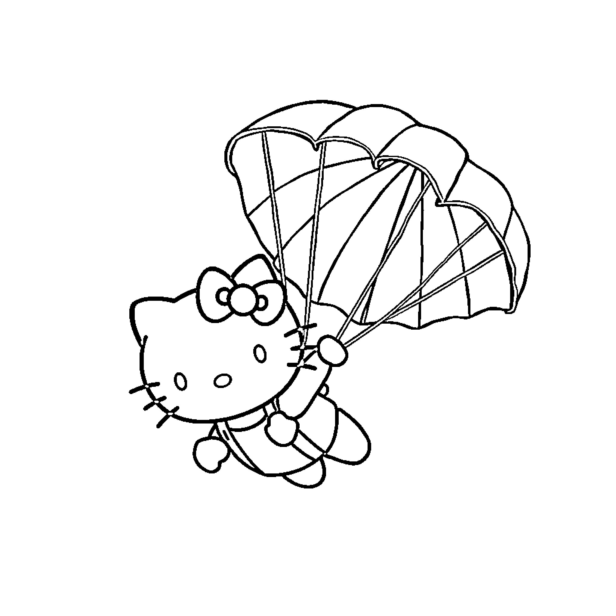 Hello Kitty soaring with parachute Coloring Page (free black-and-white line drawing printable PDF for all, from beginners to advanced learners, including children, teens, adults, and seniors)