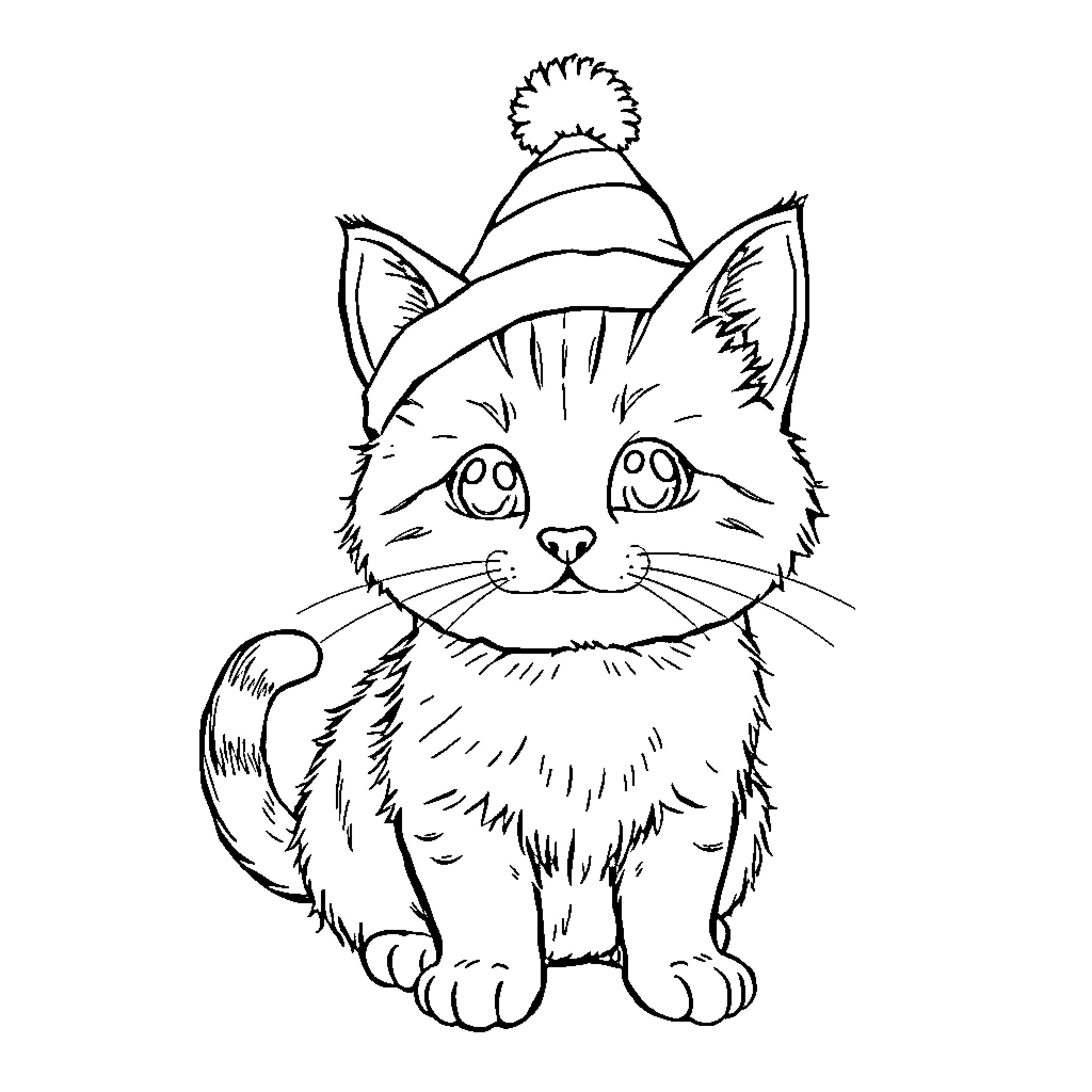 Cat wearing a winter hat and looking cute Coloring Page (free black-and-white line drawing printable PDF for all, from beginners to advanced learners, including children, teens, adults, and seniors)