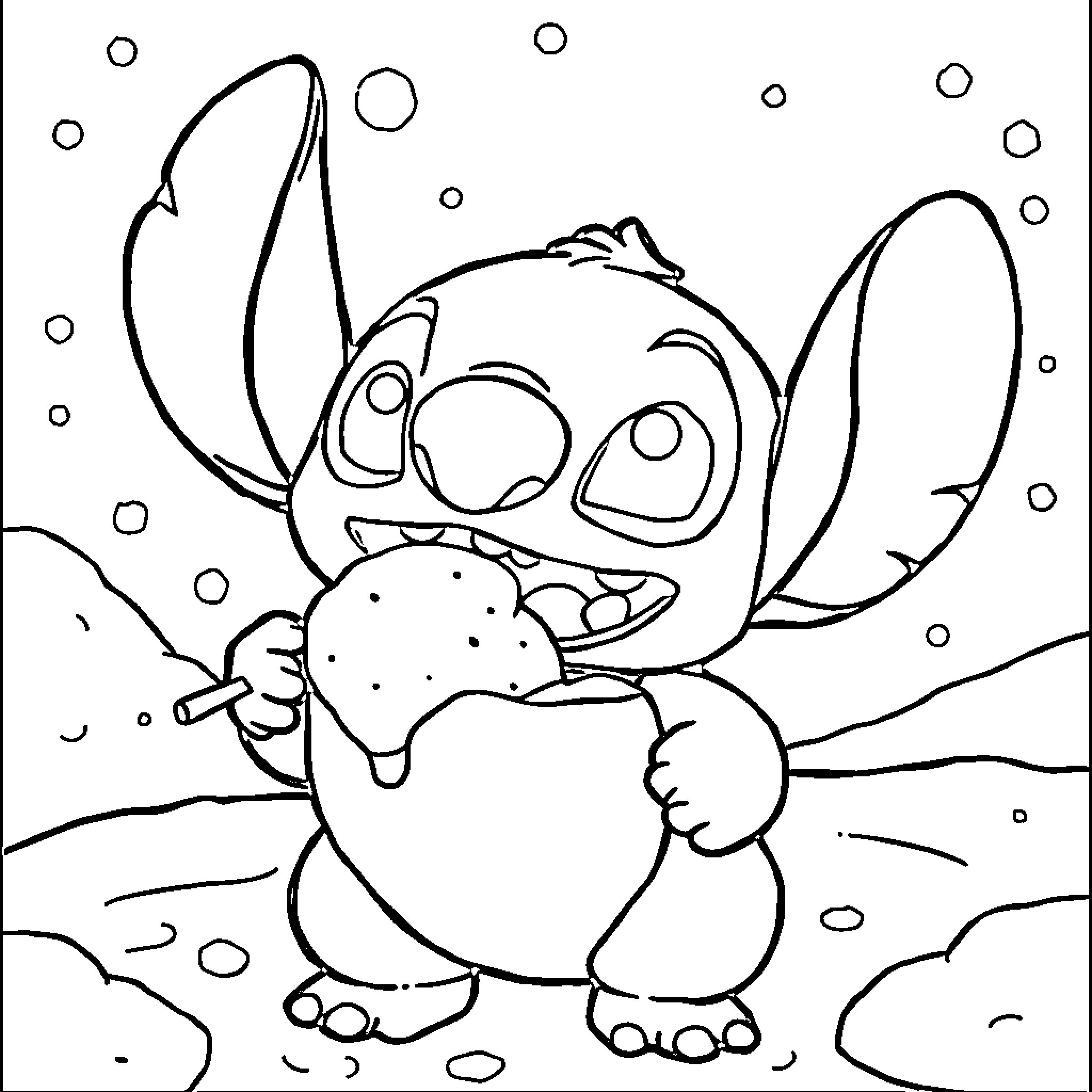 Stitch enjoying a cookie in winter wonderland Coloring Page (free black-and-white line drawing printable PDF for all, from beginners to advanced learners, including children, teens, adults, and seniors)