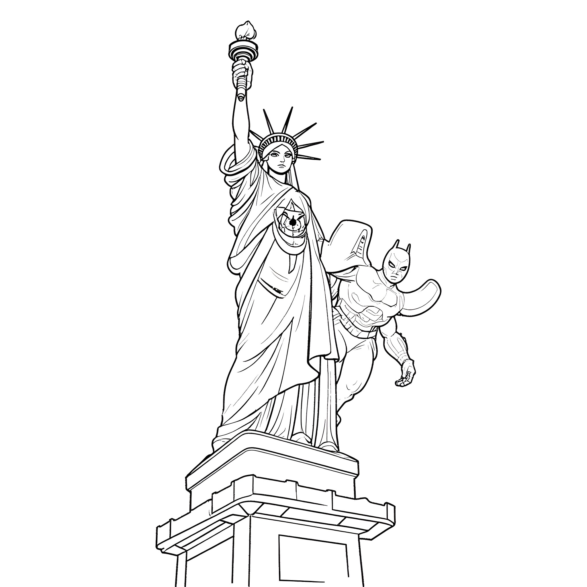Spiderman posing with the Statue of Liberty Coloring Page (free black-and-white line drawing printable PDF for all, from beginners to advanced learners, including children, teens, adults, and seniors)