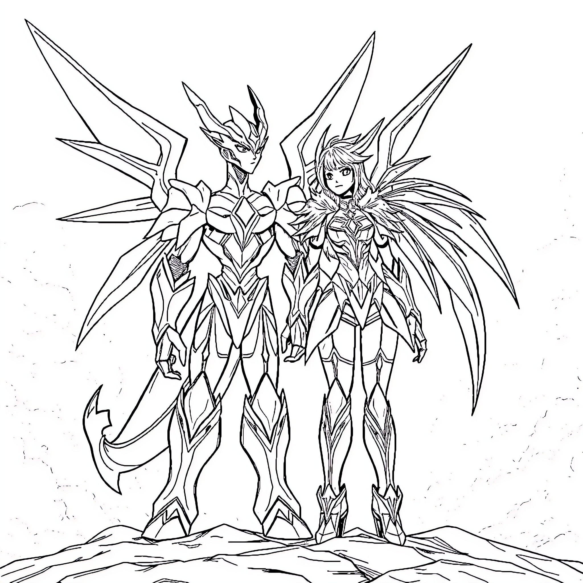 Angemon battling alongside a powerful angelic warrior Coloring Page (free black-and-white line drawing printable PDF for all, from beginners to advanced learners, including children, teens, adults, and seniors)