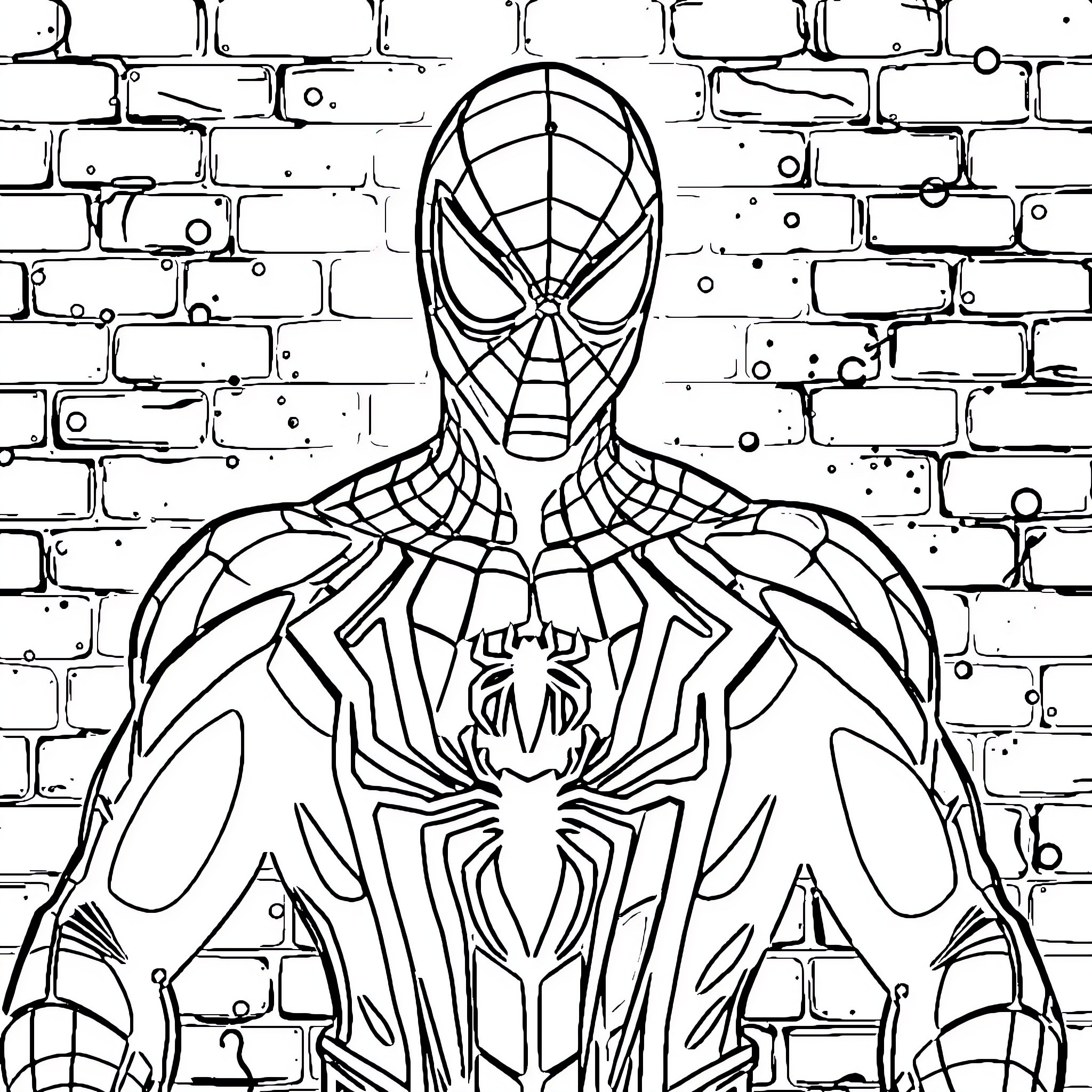 Spiderman posing heroically on a brick wall Coloring Page (free black-and-white line drawing printable PDF for all, from beginners to advanced learners, including children, teens, adults, and seniors)
