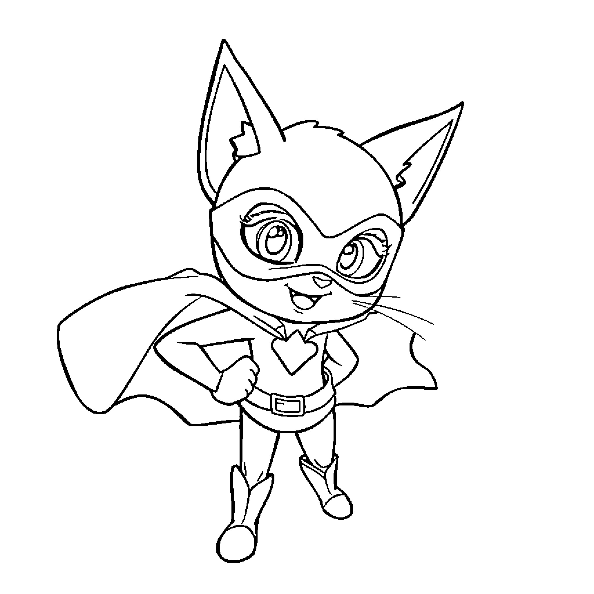Caline the Superhero Bat Poses Proudly Coloring Page (free black-and-white line drawing printable PDF for all, from beginners to advanced learners, including children, teens, adults, and seniors)