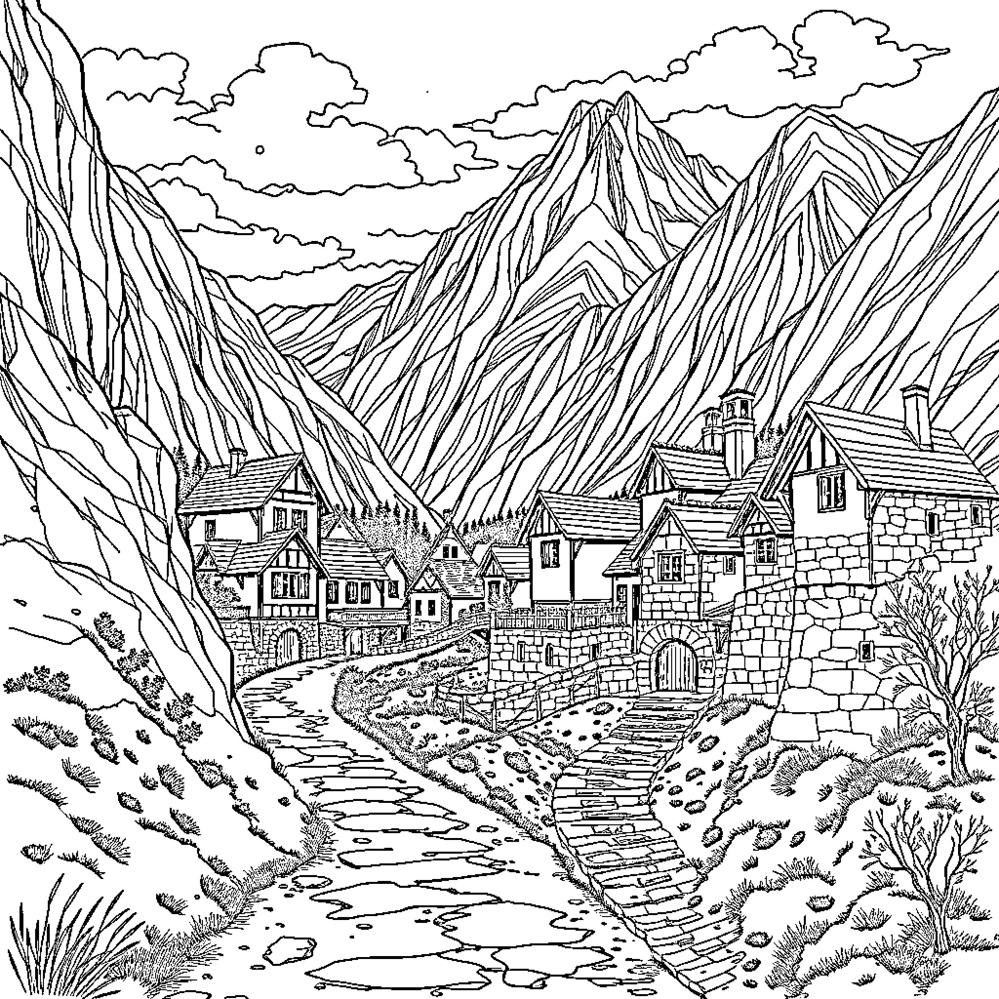 Village nestled in the mountainous landscape Coloring Page (free black-and-white line drawing printable PDF for all, from beginners to advanced learners, including children, teens, adults, and seniors)