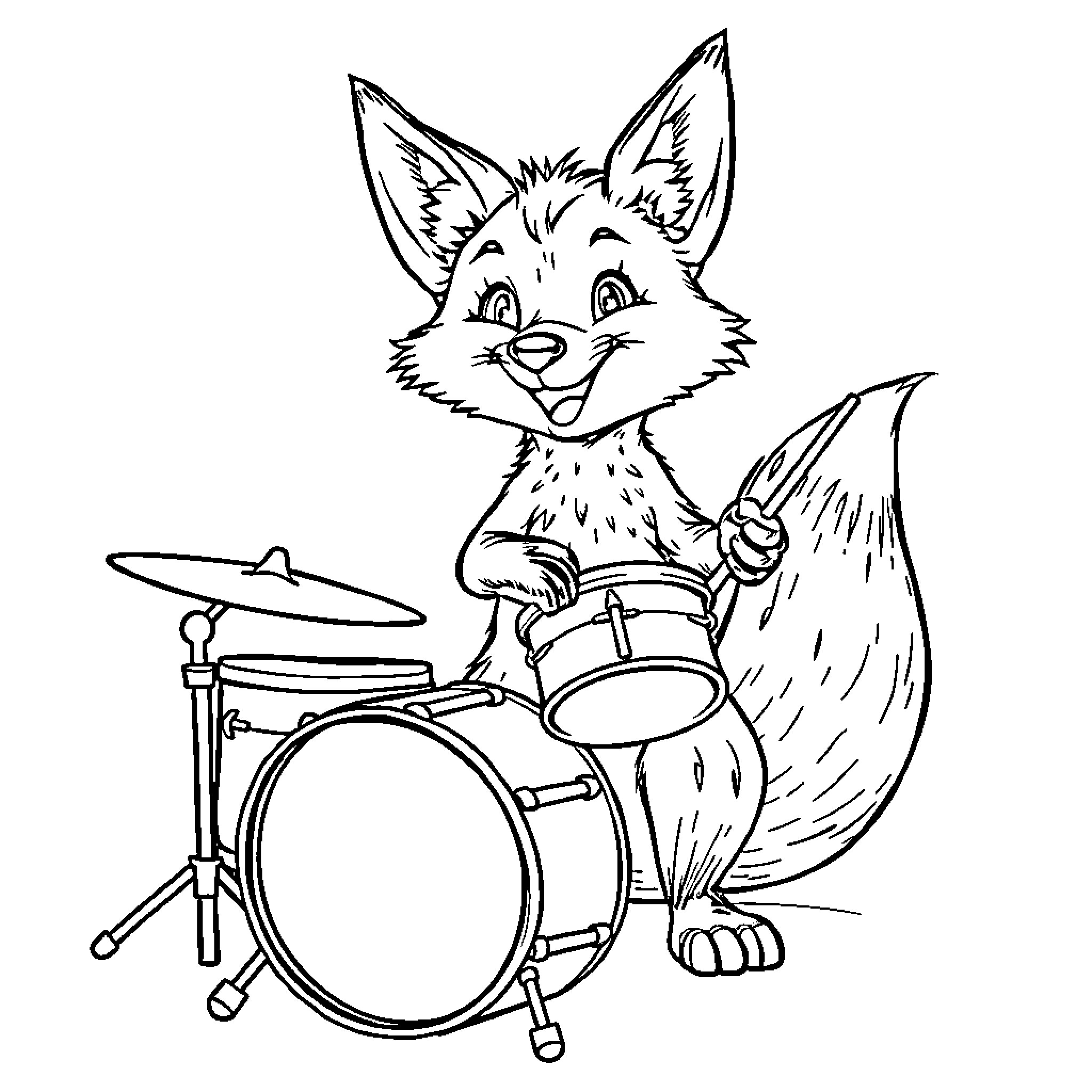 Fox Drummer Joyfully Plays His Drums Coloring Page (free black-and-white line drawing printable PDF for all, from beginners to advanced learners, including children, teens, adults, and seniors)