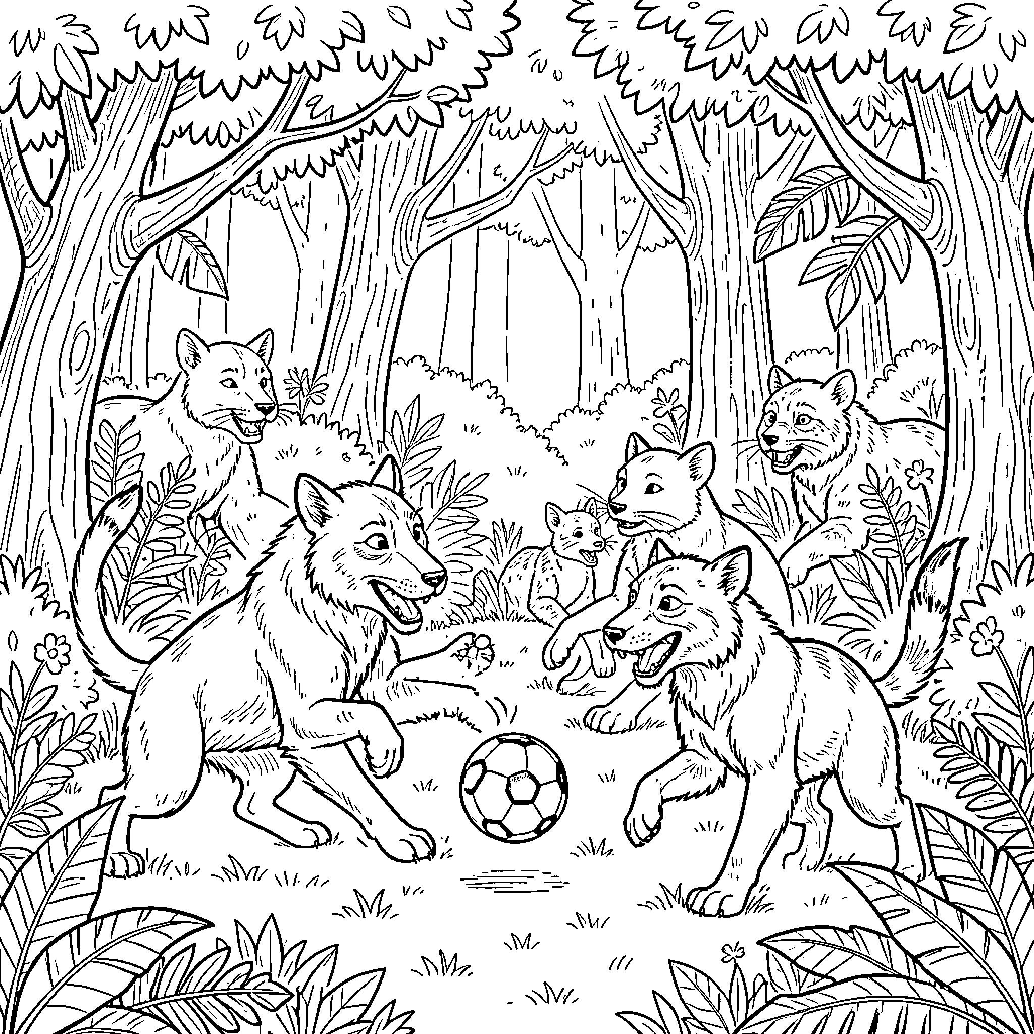 Animal wolves playing with ball in forest Coloring Page (free black-and-white line drawing printable PDF for all, from beginners to advanced learners, including children, teens, adults, and seniors)
