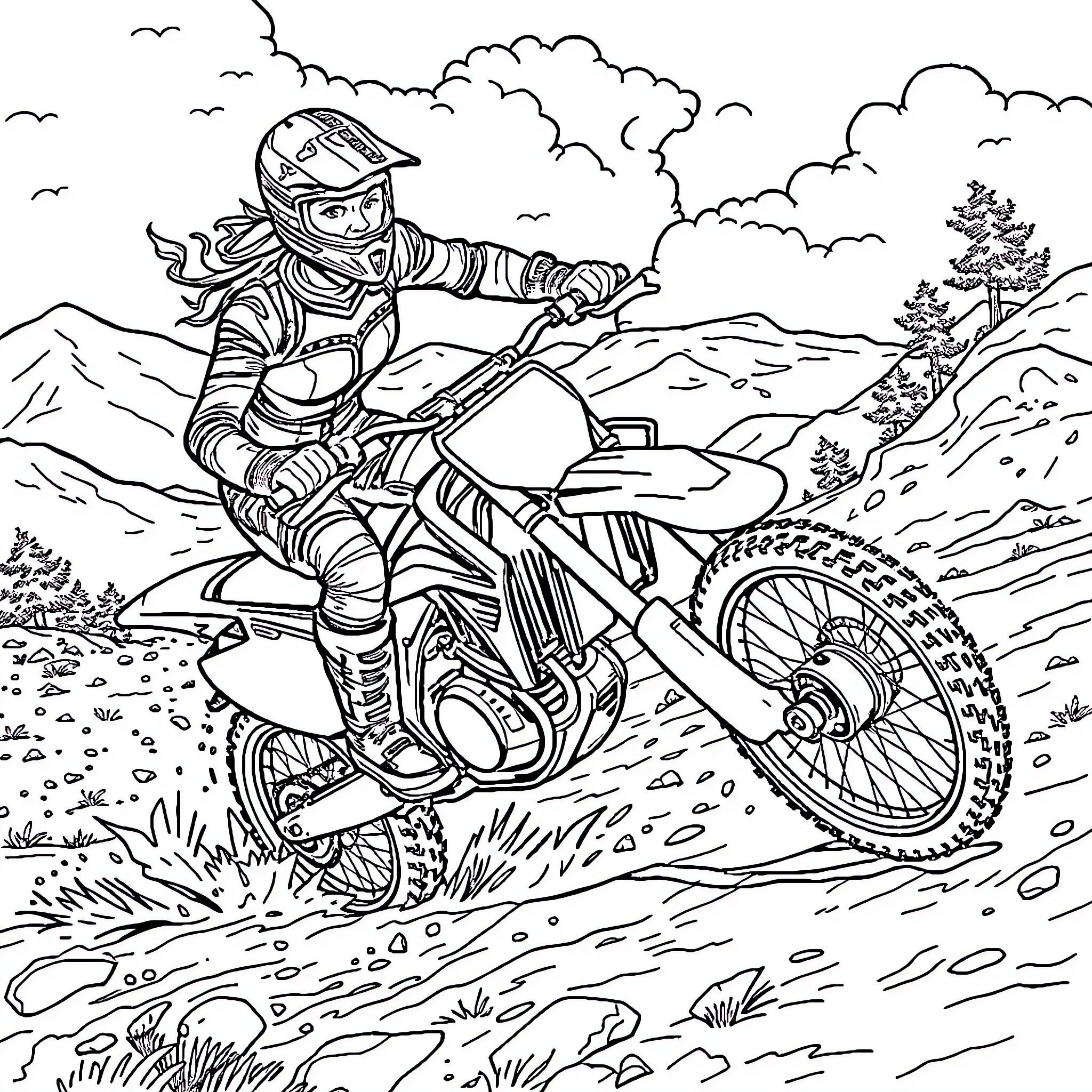 Valerie Plante riding a dirt bike through a rugged landscape Coloring Page (free black-and-white line drawing printable PDF for all, from beginners to advanced learners, including children, teens, adults, and seniors)