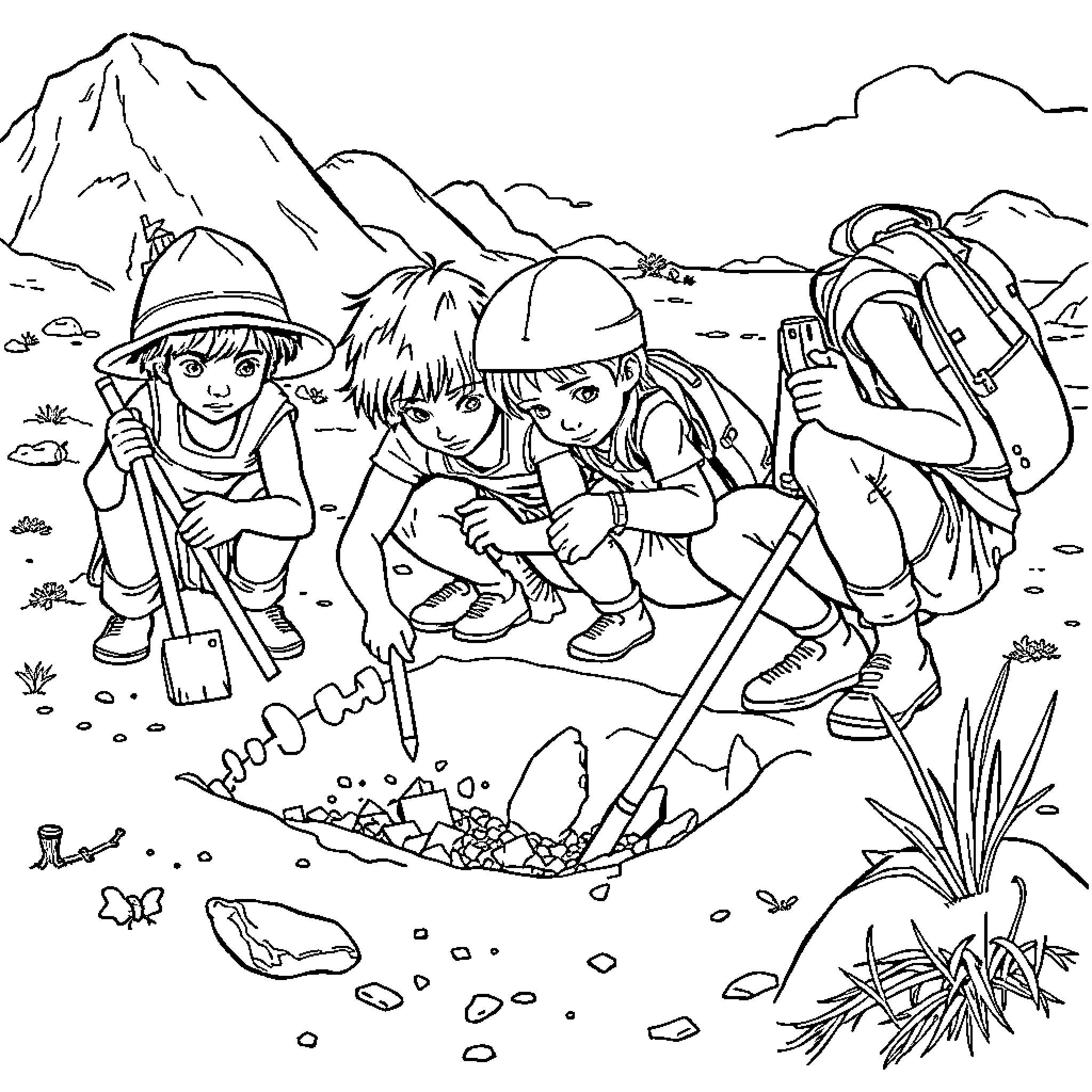 Archeologists exploring a rugged mountain landscape Coloring Page (free black-and-white line drawing printable PDF for all, from beginners to advanced learners, including children, teens, adults, and seniors)