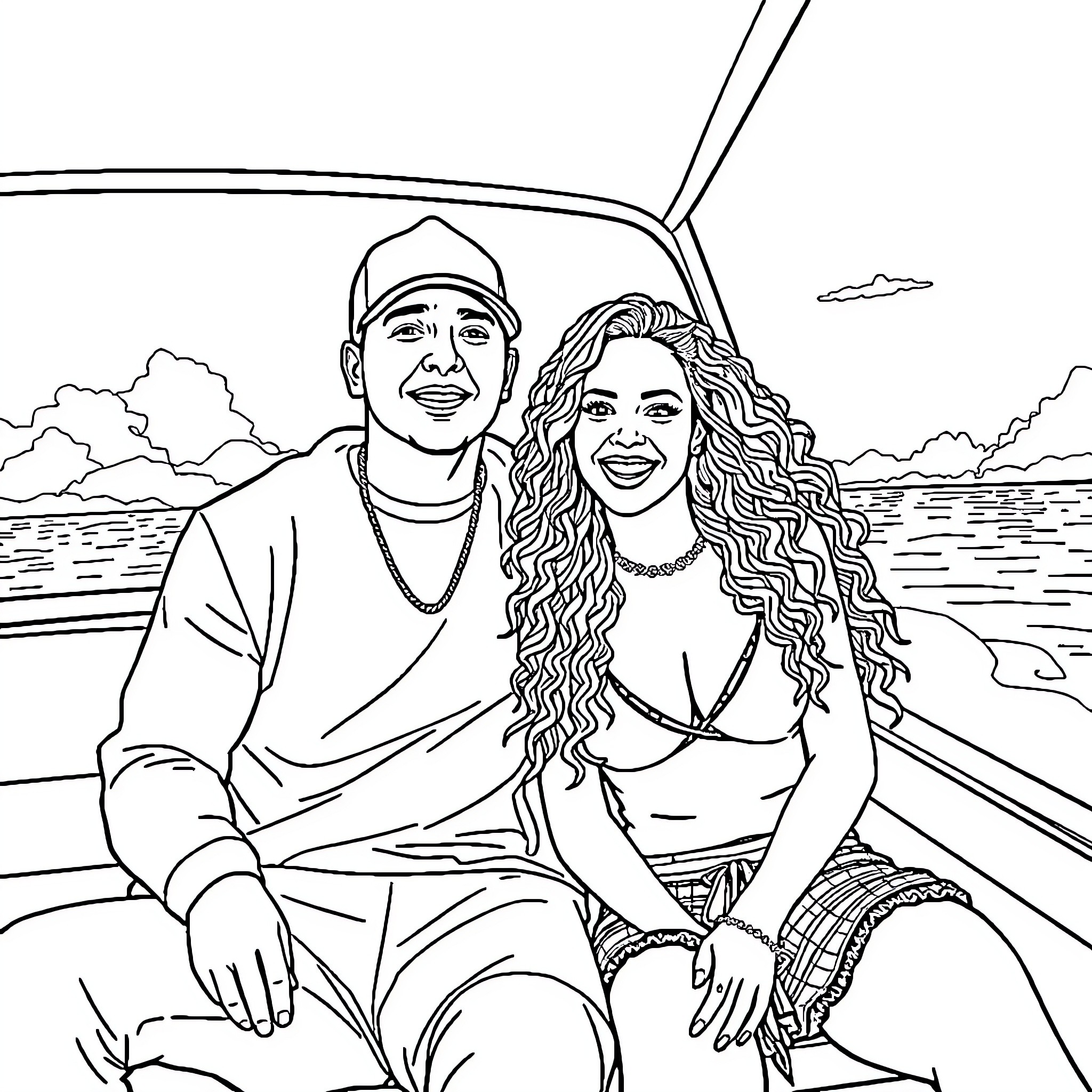 Eminem and companion enjoying boat ride on serene waters Coloring Page (free black-and-white line drawing printable PDF for all, from beginners to advanced learners, including children, teens, adults, and seniors)
