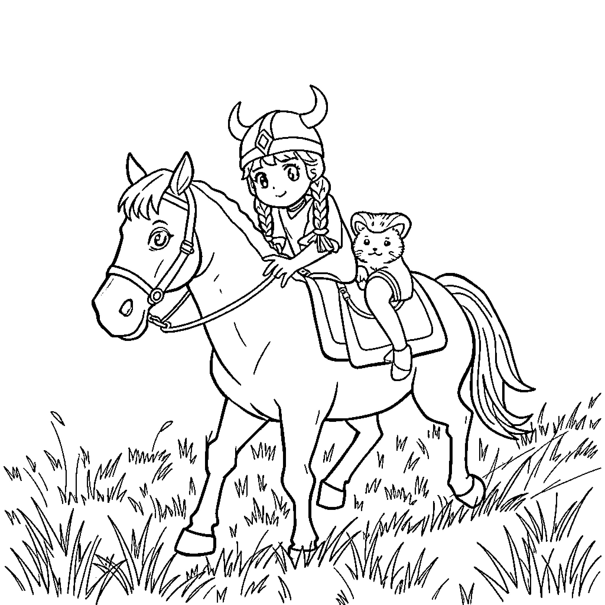 Viking Girl Riding Horse with Playful Companion Coloring Page (free black-and-white line drawing printable PDF for all, from beginners to advanced learners, including children, teens, adults, and seniors)