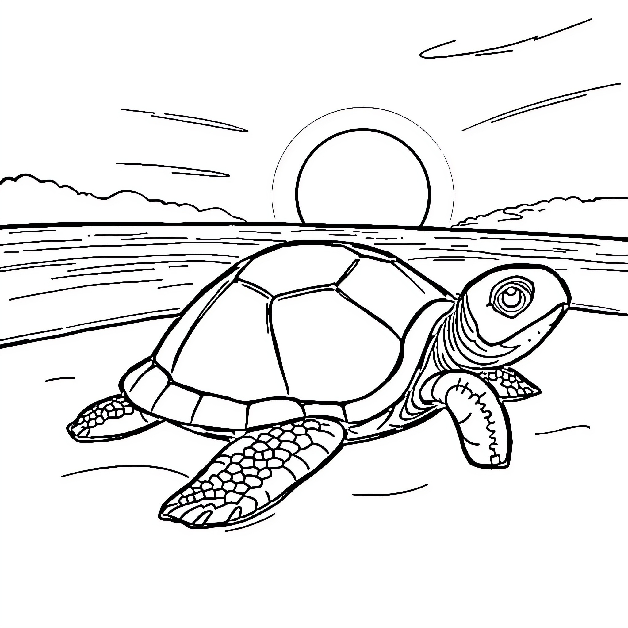 Turtle swimming in tranquil ocean at sunset Coloring Page (free black-and-white line drawing printable PDF for all, from beginners to advanced learners, including children, teens, adults, and seniors)