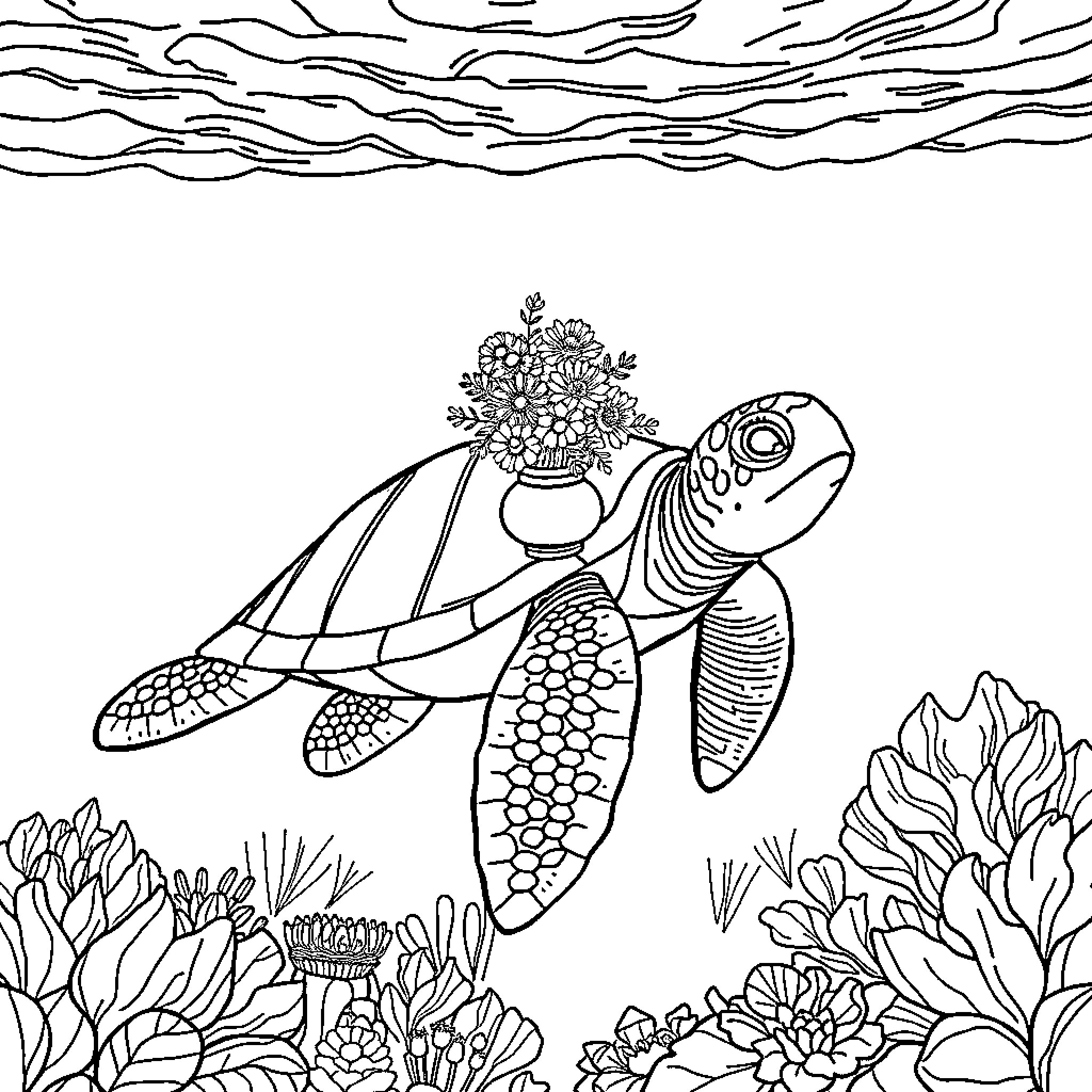 Sea Turtle swimming among underwater flowers and foliage Coloring Page (free black-and-white line drawing printable PDF for all, from beginners to advanced learners, including children, teens, adults, and seniors)