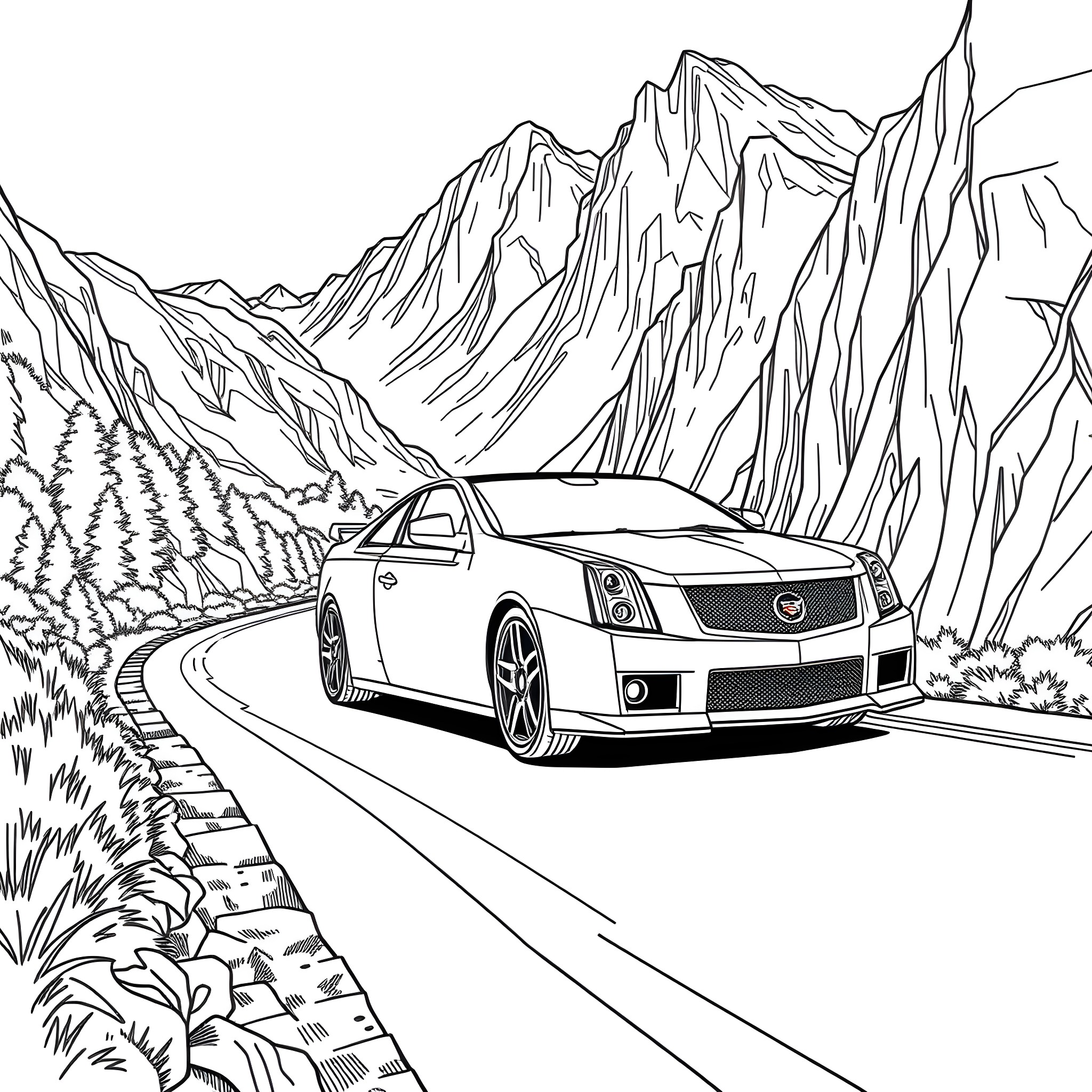 Cadillac sports car driving through rugged mountains Coloring Page (free black-and-white line drawing printable PDF for all, from beginners to advanced learners, including children, teens, adults, and seniors)