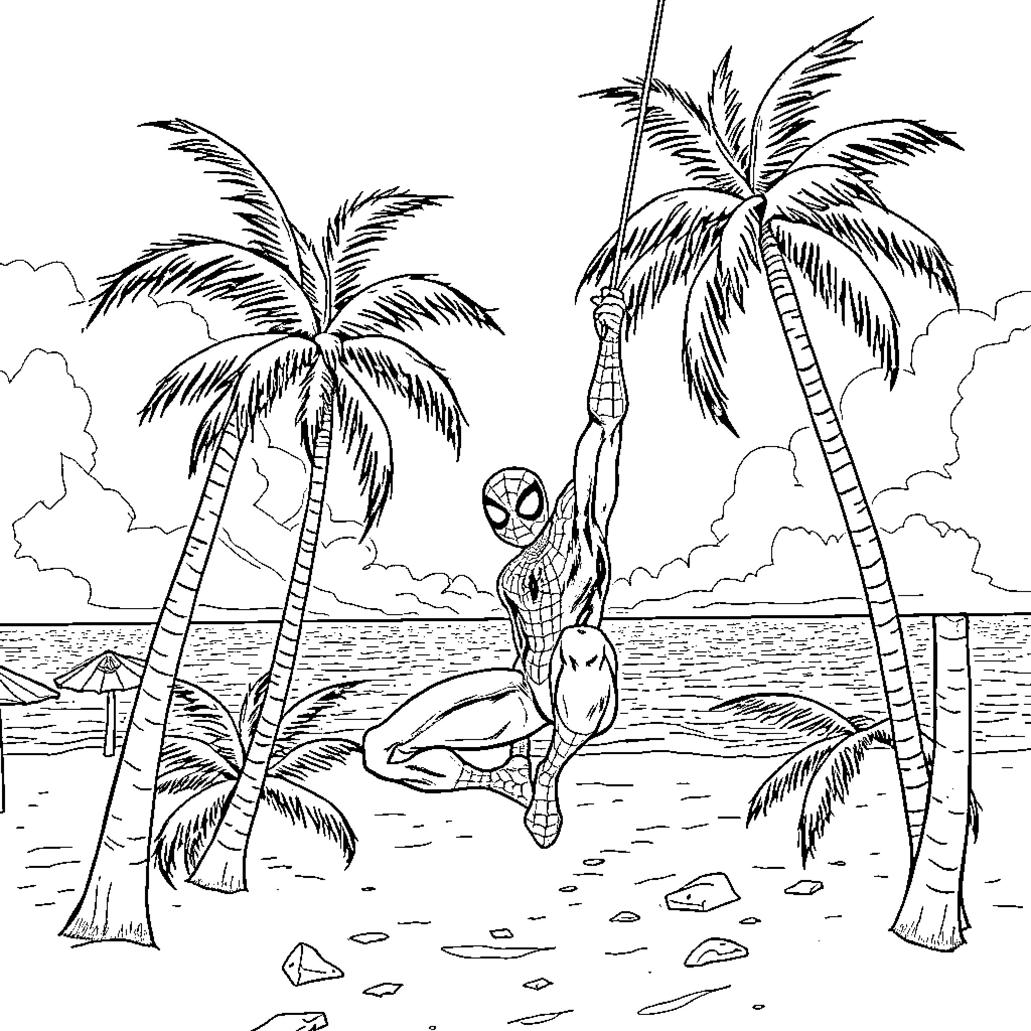Spiderman swinging through tropical beach scenery Coloring Page (free black-and-white line drawing printable PDF for all, from beginners to advanced learners, including children, teens, adults, and seniors)