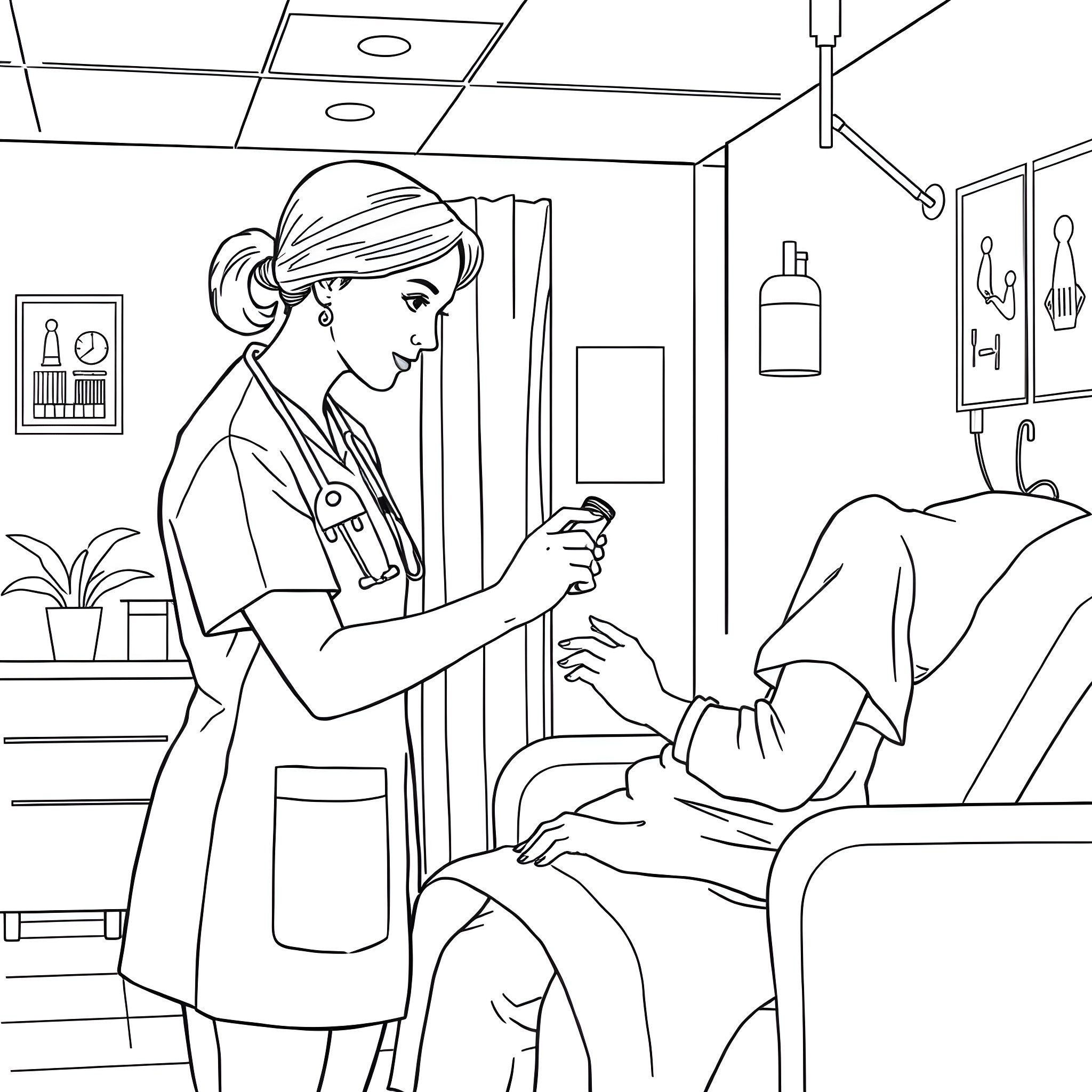 Nurse attentively caring for patient in hospital room Coloring Page (free black-and-white line drawing printable PDF for all, from beginners to advanced learners, including children, teens, adults, and seniors)