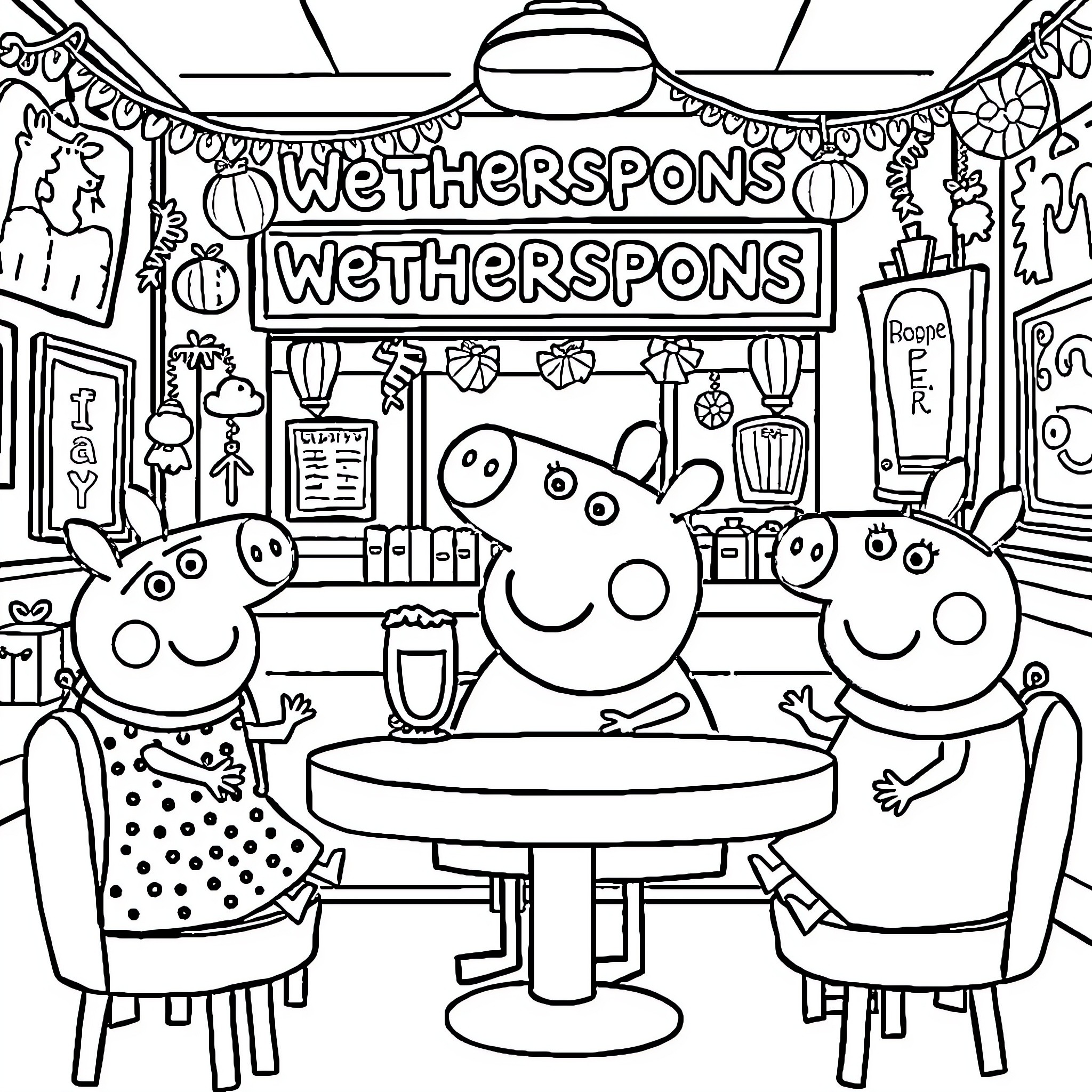 Peppa Pig and friends visit the Wetherspons restaurant Coloring Page (free black-and-white line drawing printable PDF for all, from beginners to advanced learners, including children, teens, adults, and seniors)