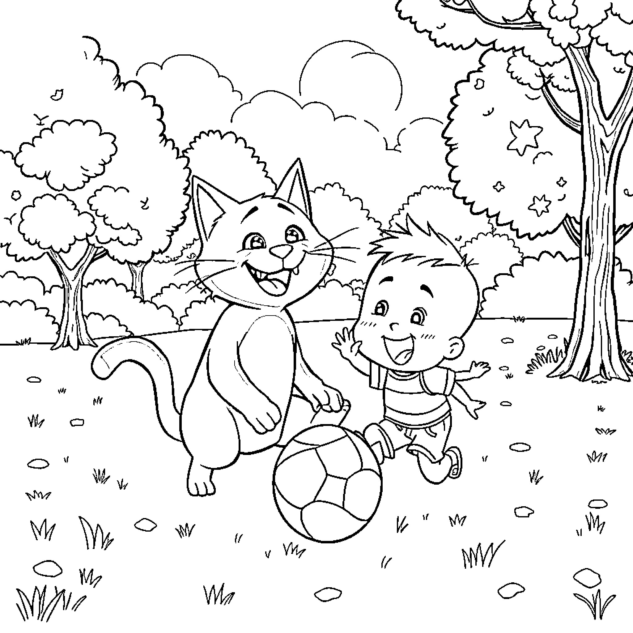 Oggy and the Boy Playing with a Soccer Ball in the Forest Coloring Page (free black-and-white line drawing printable PDF for all, from beginners to advanced learners, including children, teens, adults, and seniors)
