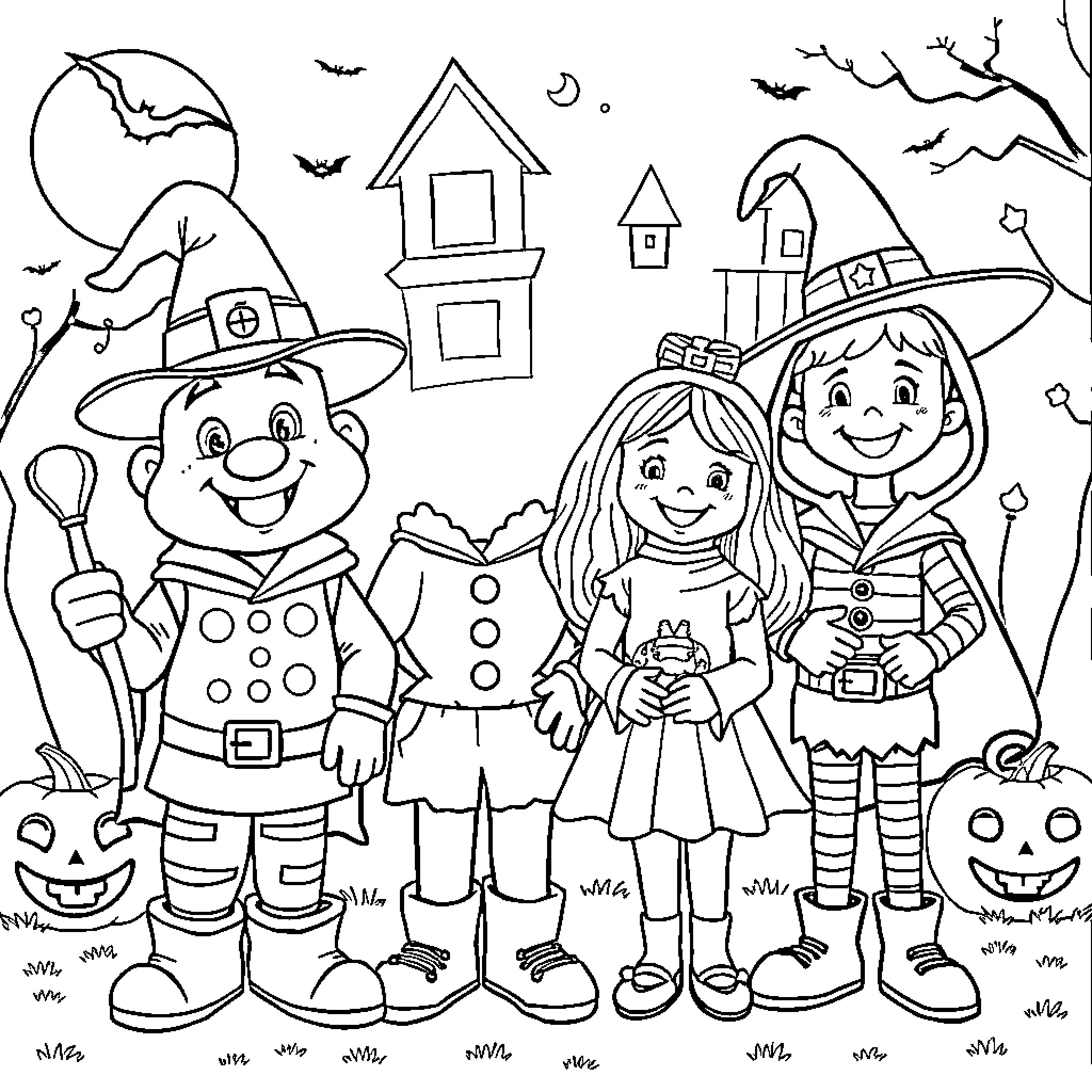 Bluey and Friends Celebrate Halloween Coloring Page (free black-and-white line drawing printable PDF for all, from beginners to advanced learners, including children, teens, adults, and seniors)