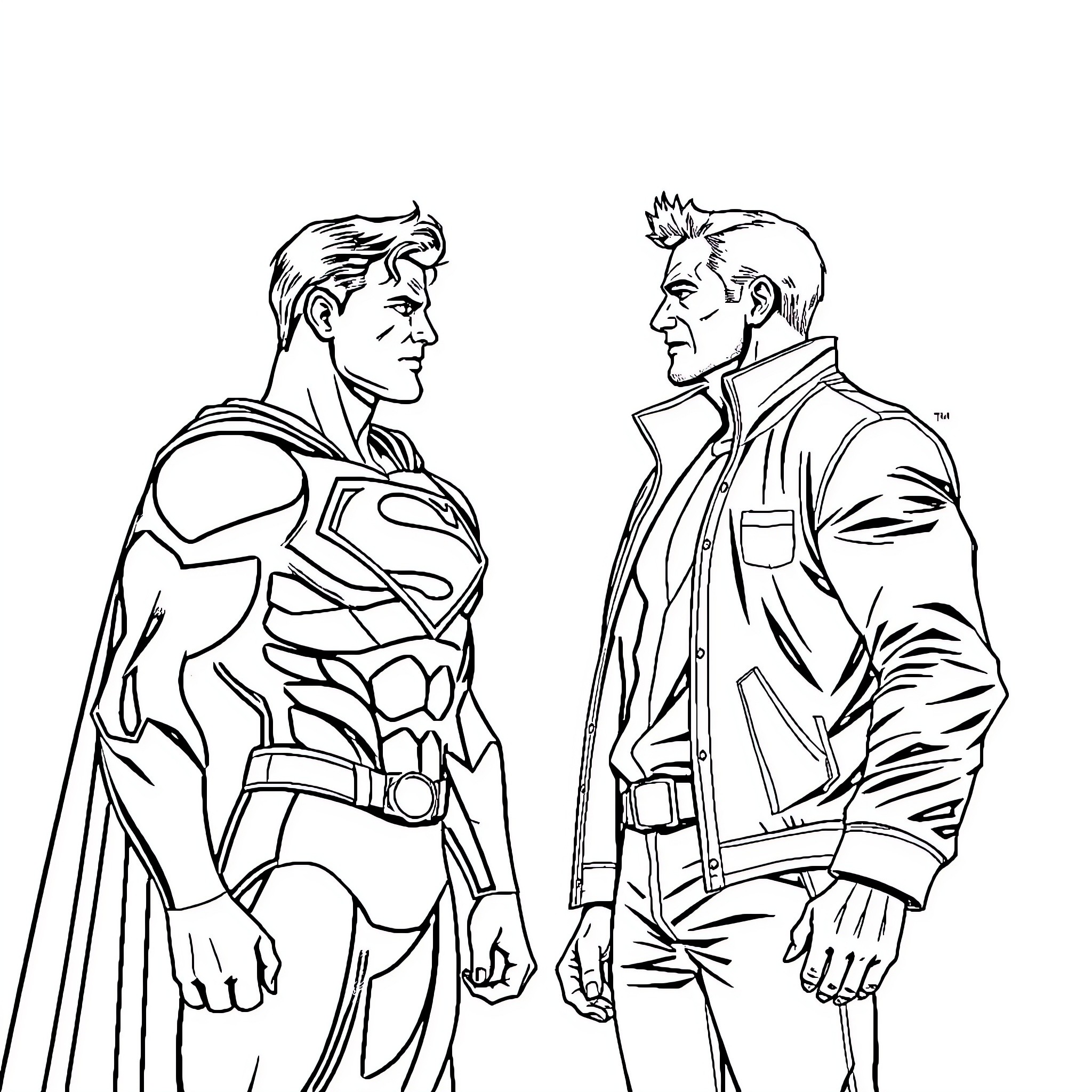 Superman confronting a determined adversary Coloring Page (free black-and-white line drawing printable PDF for all, from beginners to advanced learners, including children, teens, adults, and seniors)